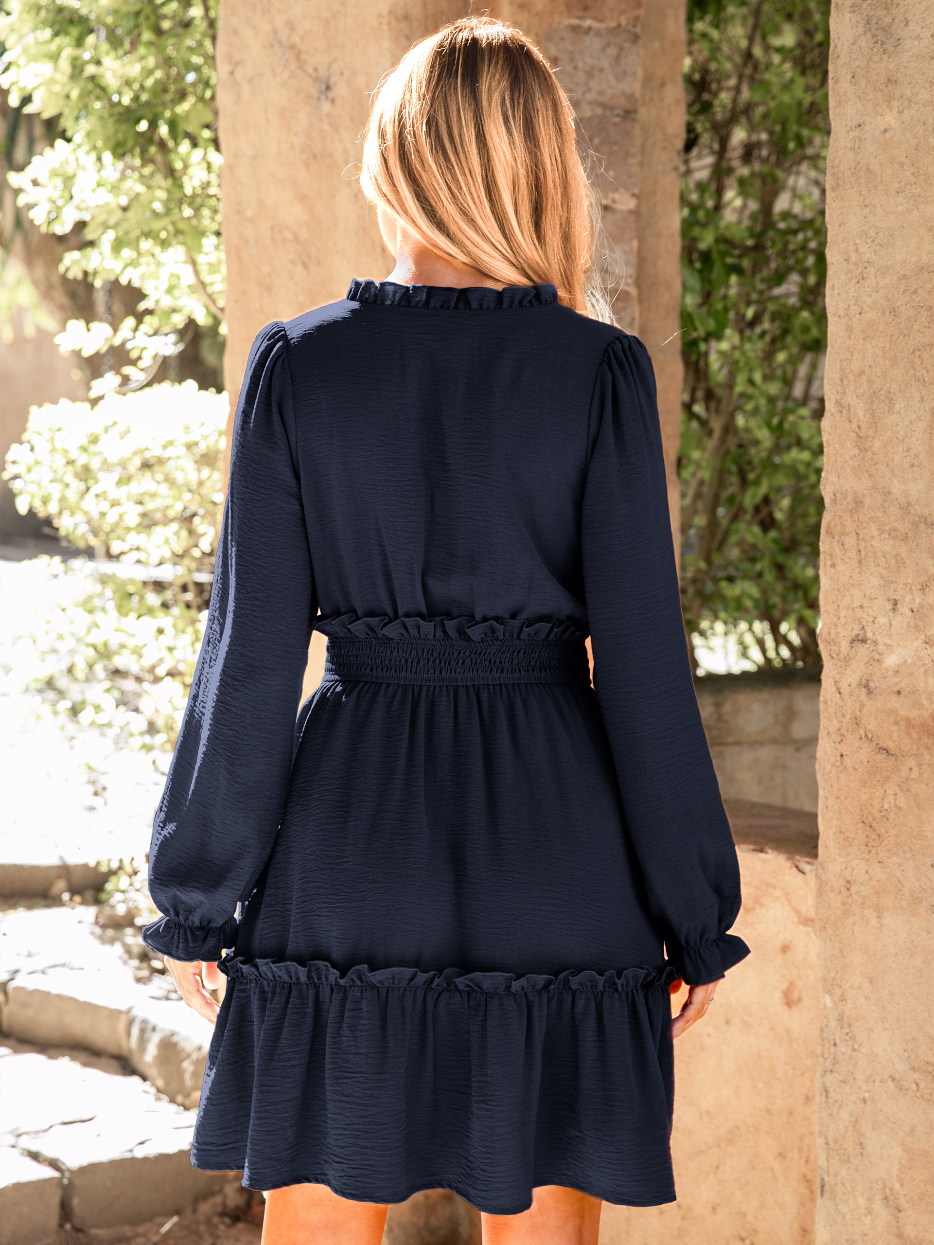 Ruffle V Neck Long Sleeve Mini Dress