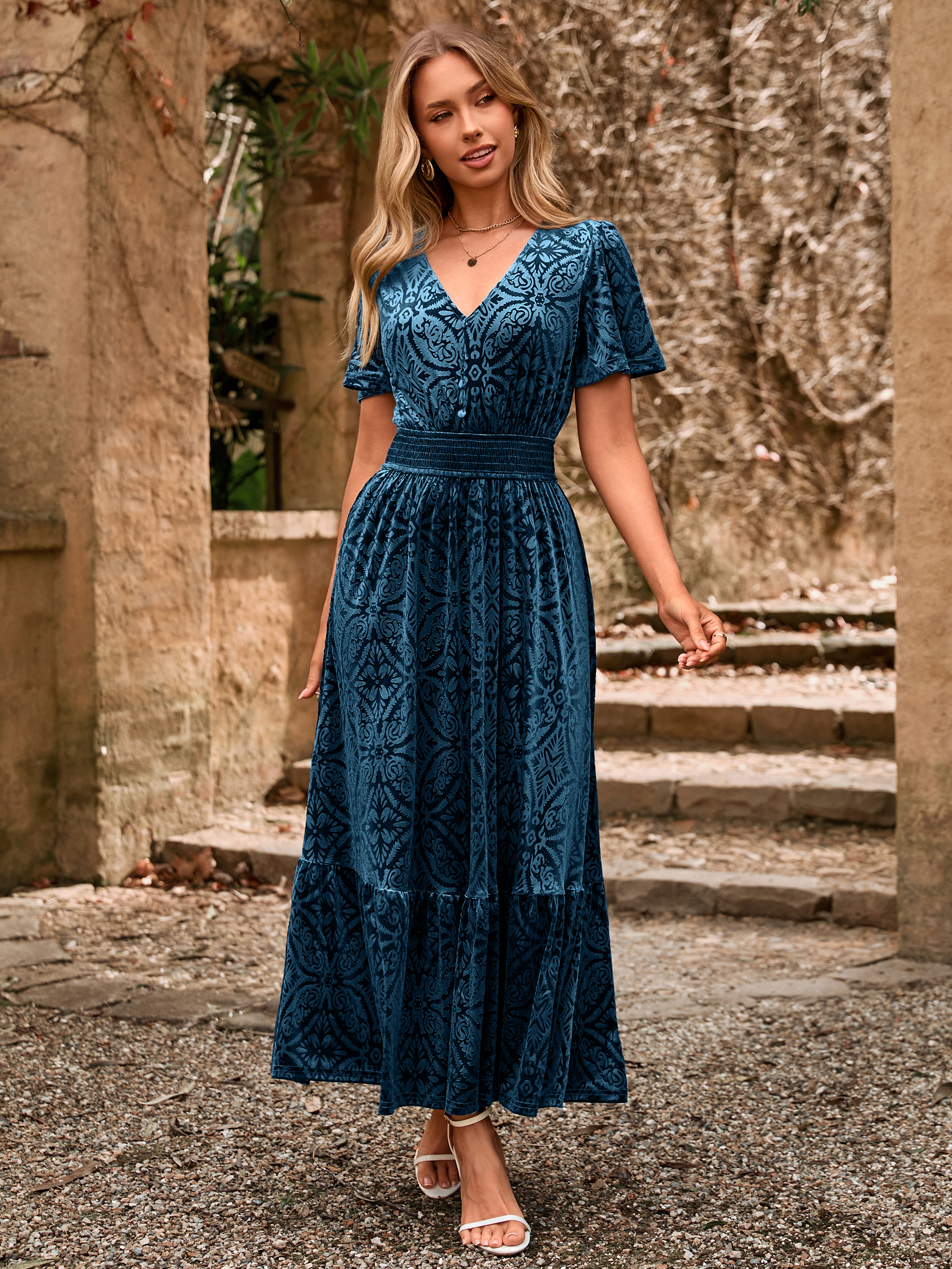 Velvet Floral V Neck Wedding Guest Maxi Dress