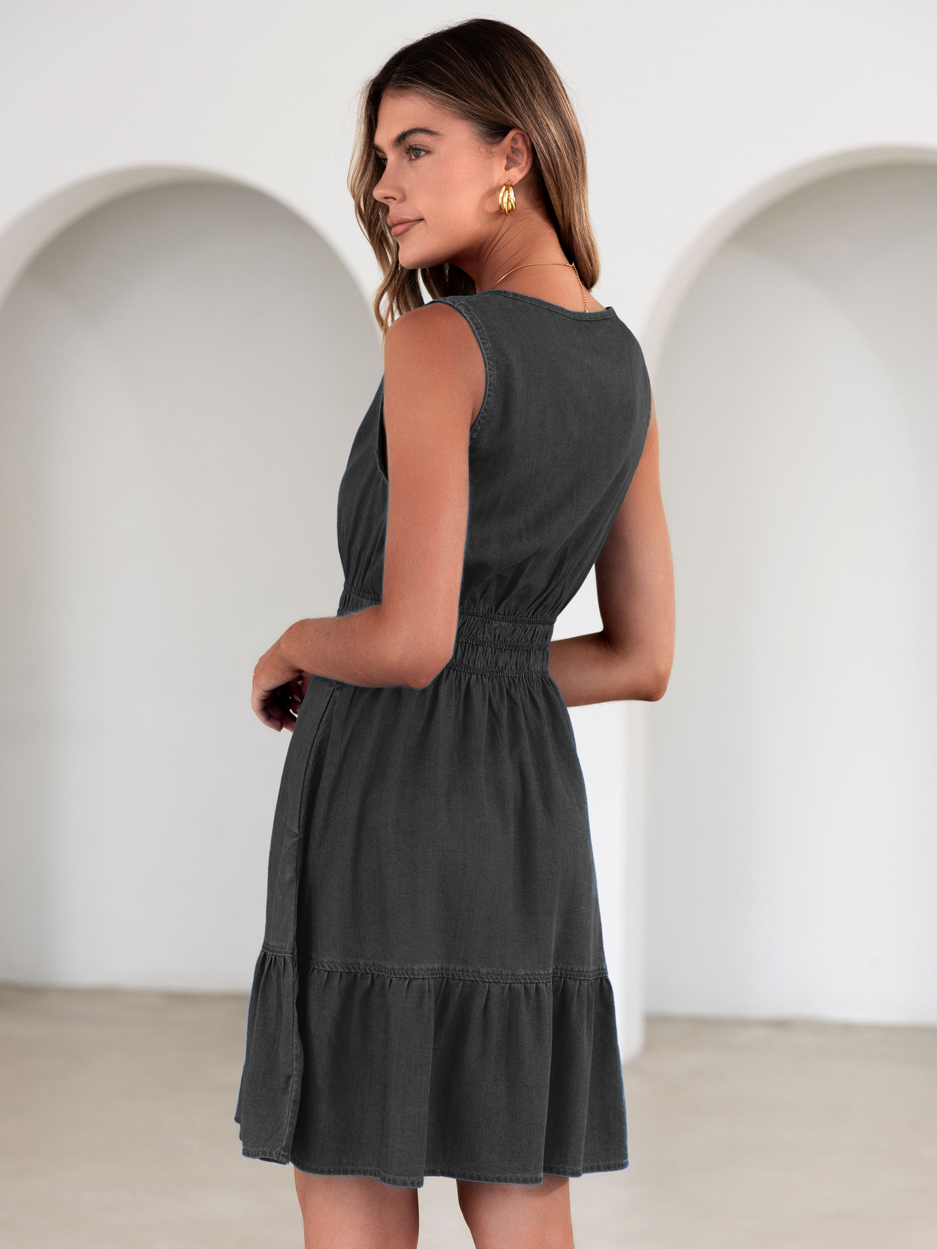 V Neck Sleeveless Lyocell Denim Mini Dress - Denim Black