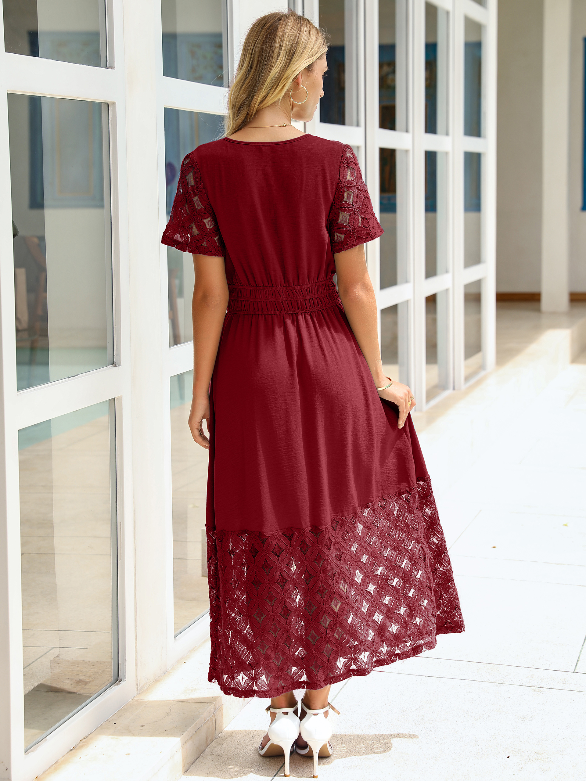 Lace Boho V Neck Short Sleeve Tiered Maxi Dress