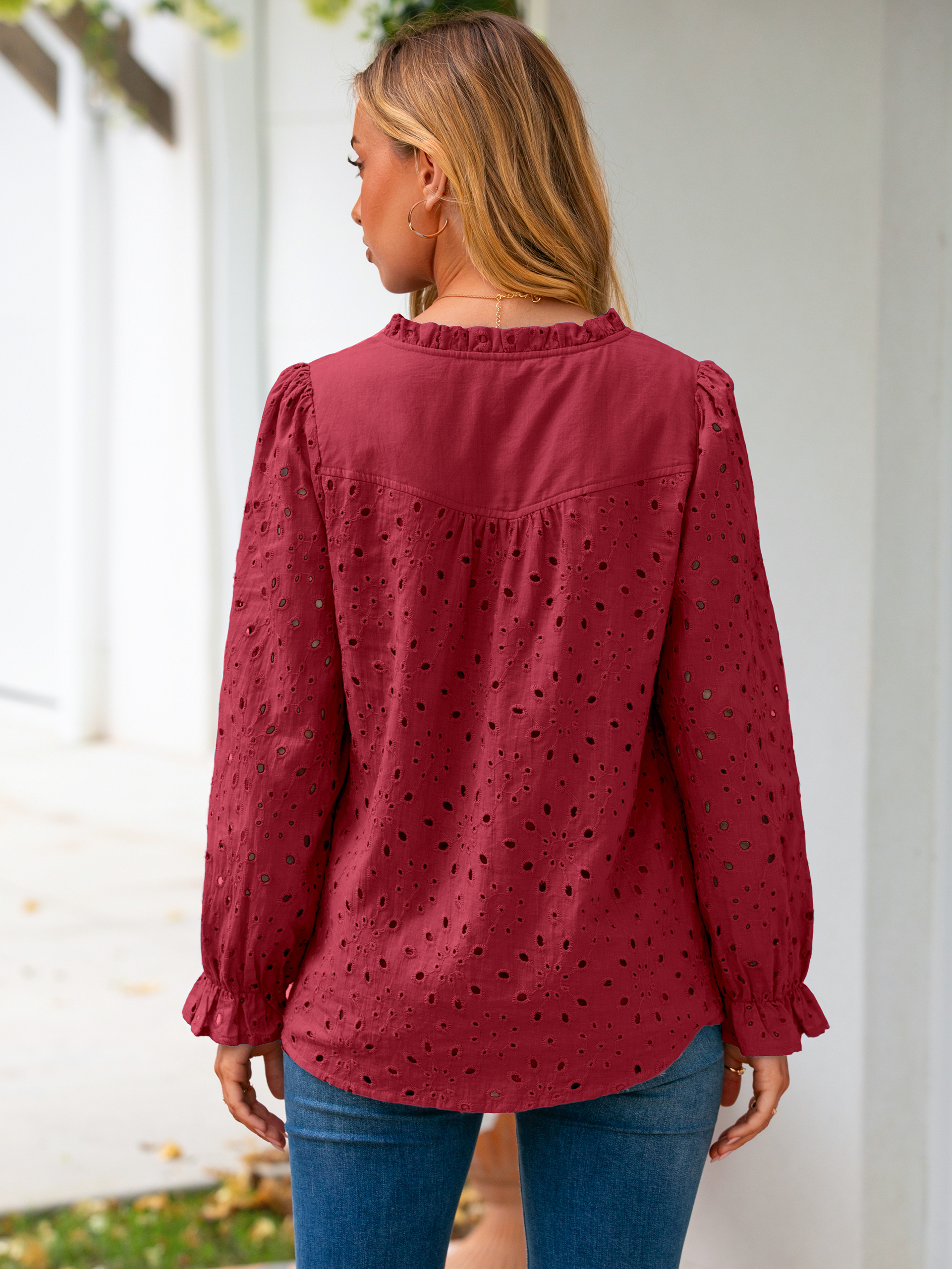 Eyelet Lace Puff Sleeve Button Down Blouse