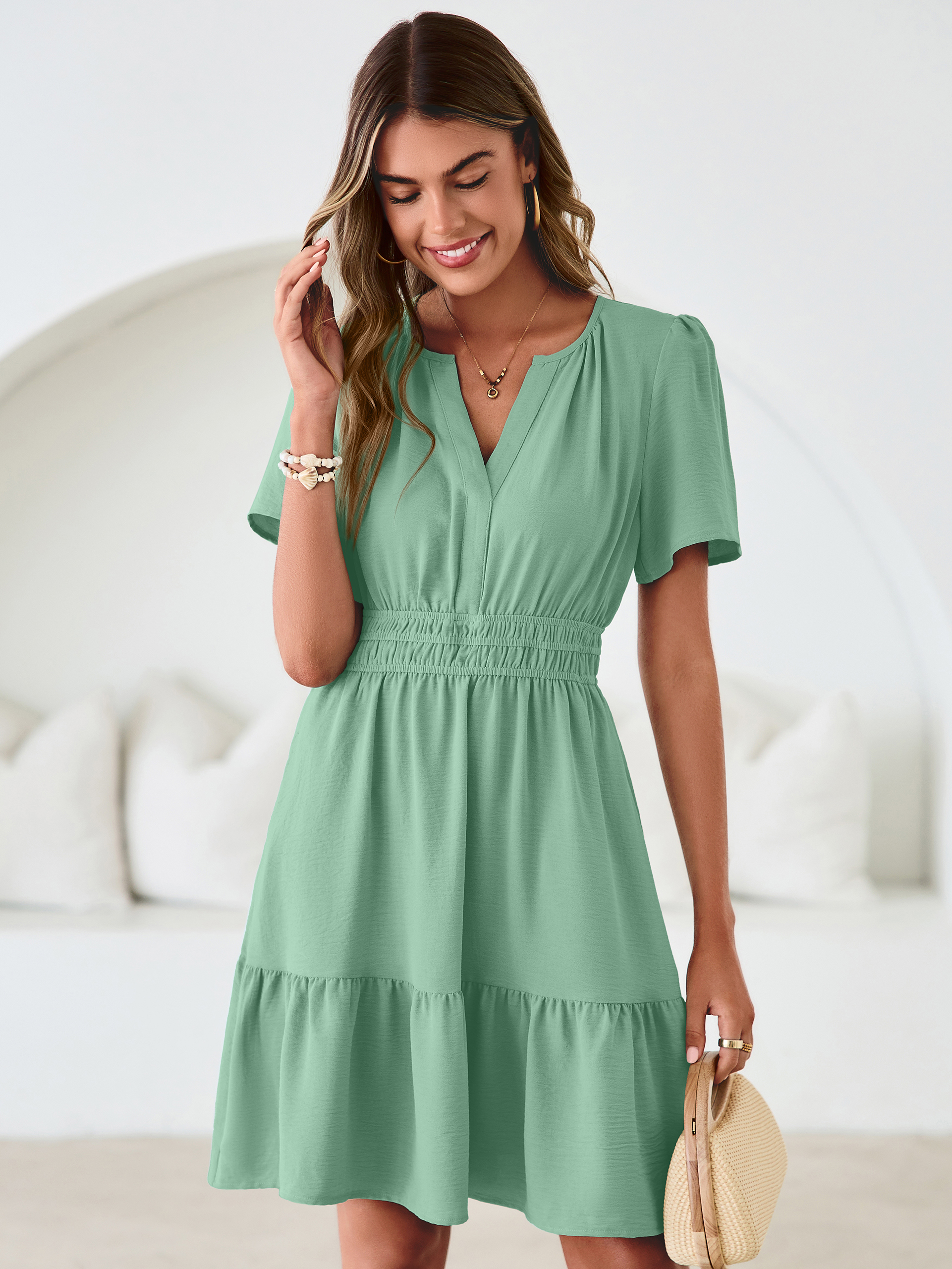 V Neck Smocked Waist Ruffle Hem Mini Dress - Sage Green