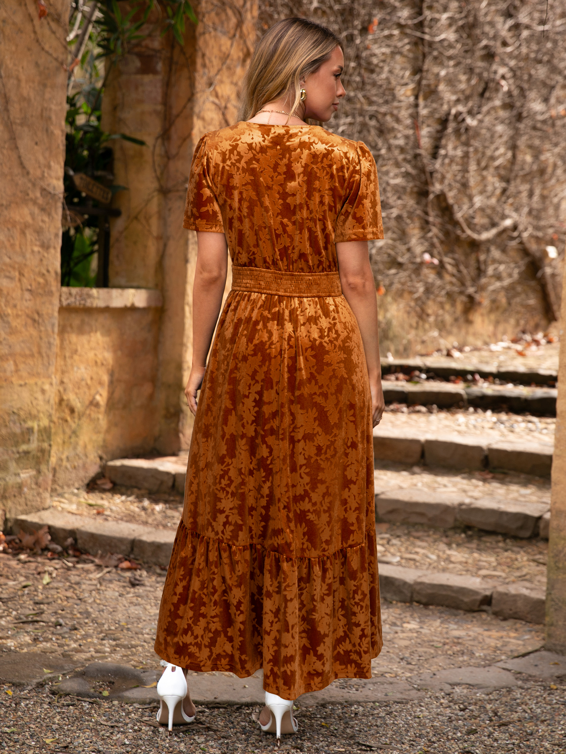 Velvet Floral V Neck Wedding Guest Maxi Dress