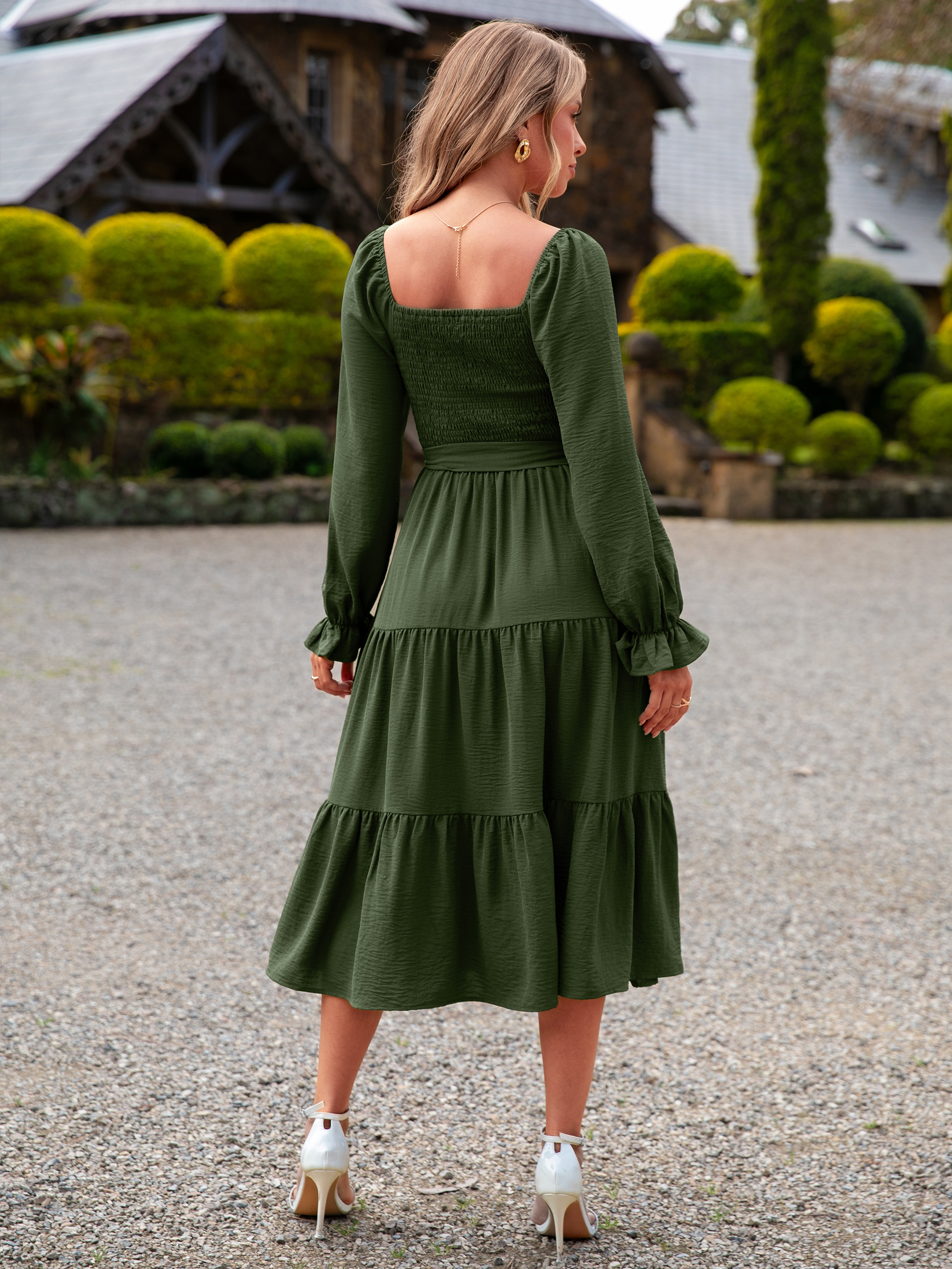 Square Neck Ruched Smocked Tiered Maxi Dress