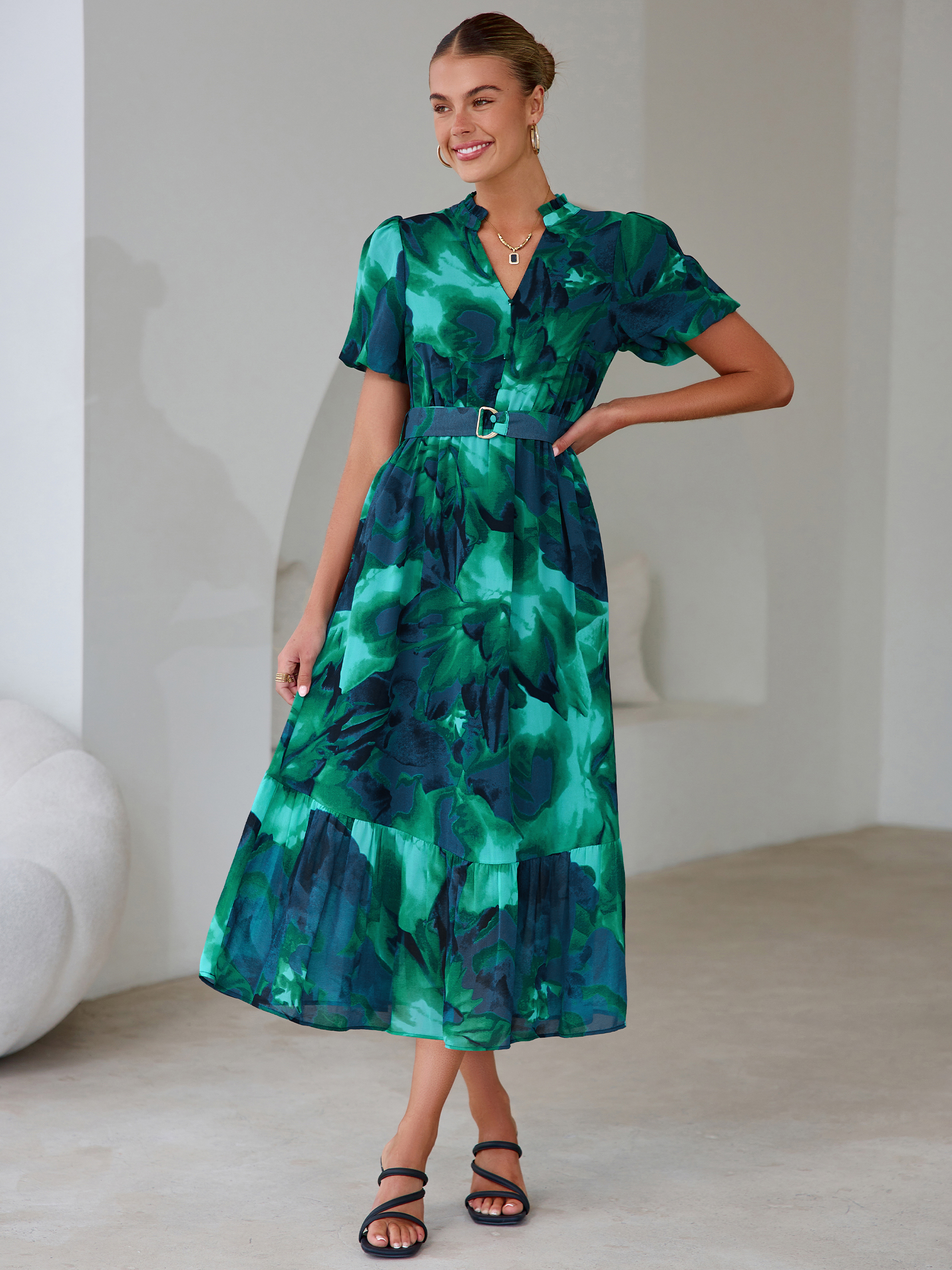 Floral V Neck Belted Tiered Maxi Dress - Floral Lake Blue