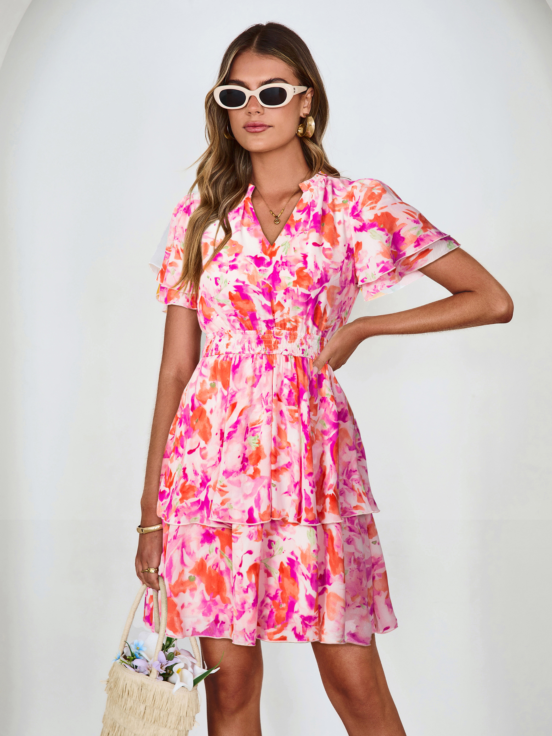 Floral Print V Neck Smocked Tiered Mini Dress
