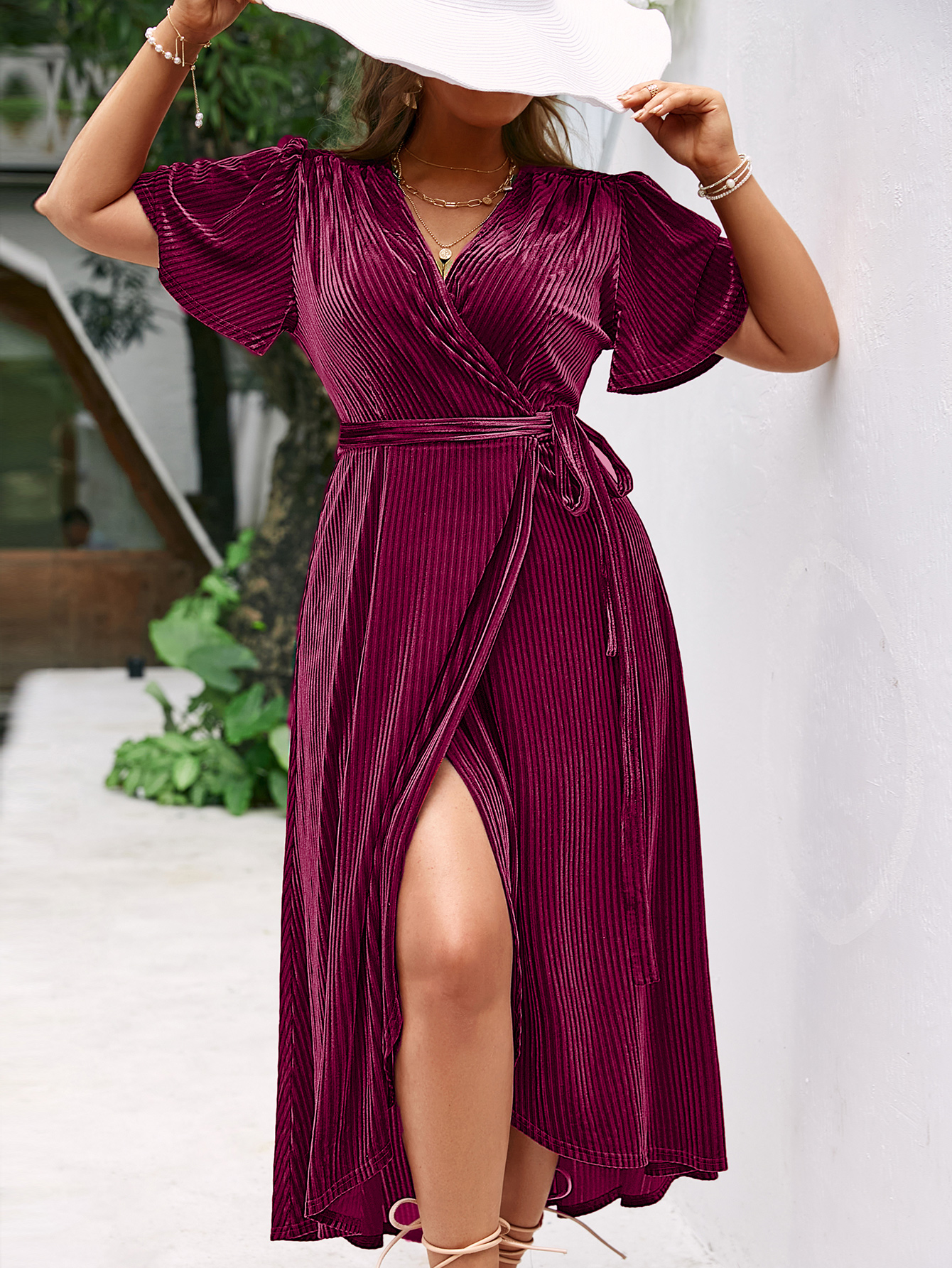 Plus Size Velvet V Neck Short Sleeve Wrap Maxi Dress