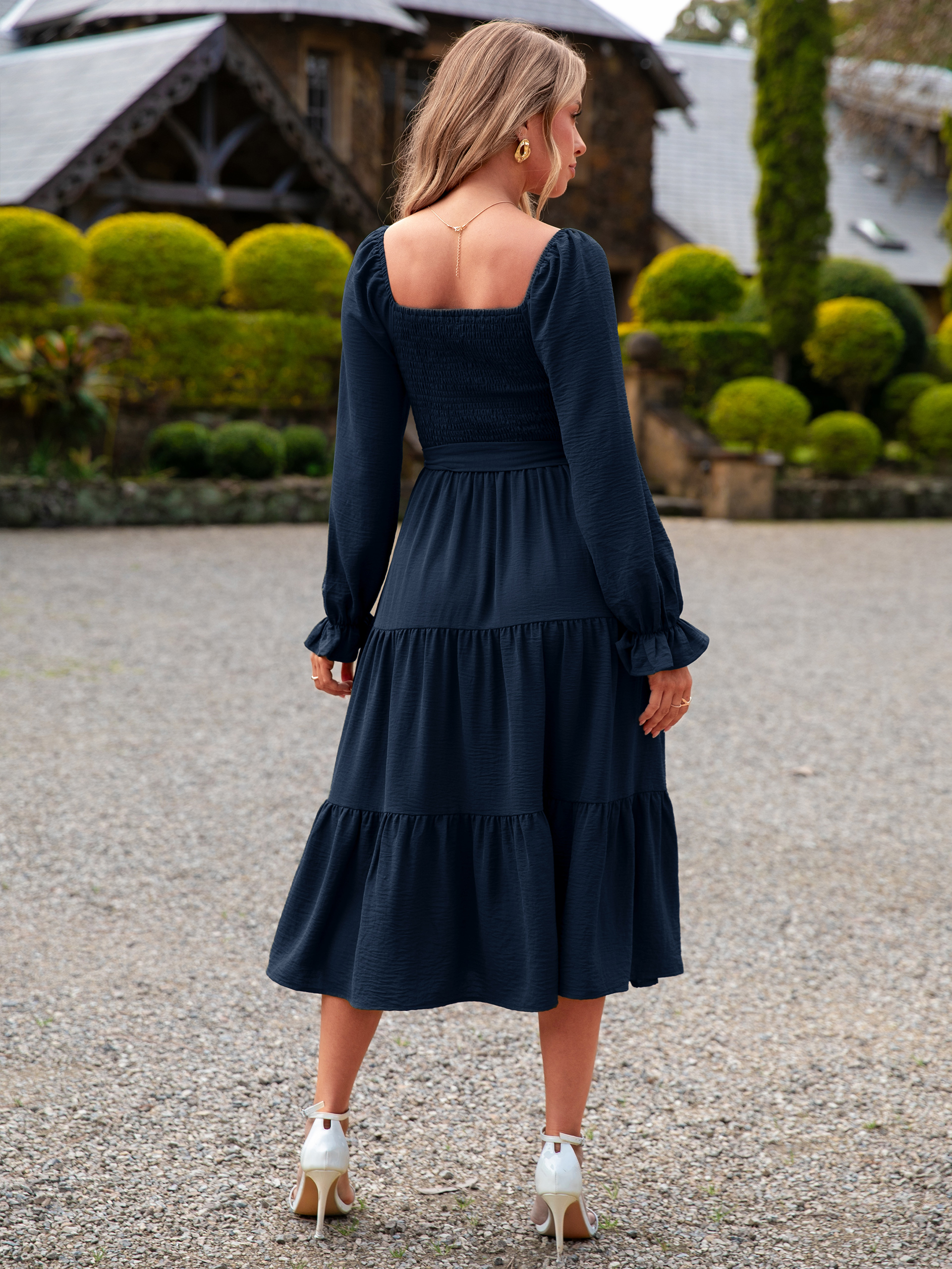 Square Neck Ruched Smocked Tiered Maxi Dress