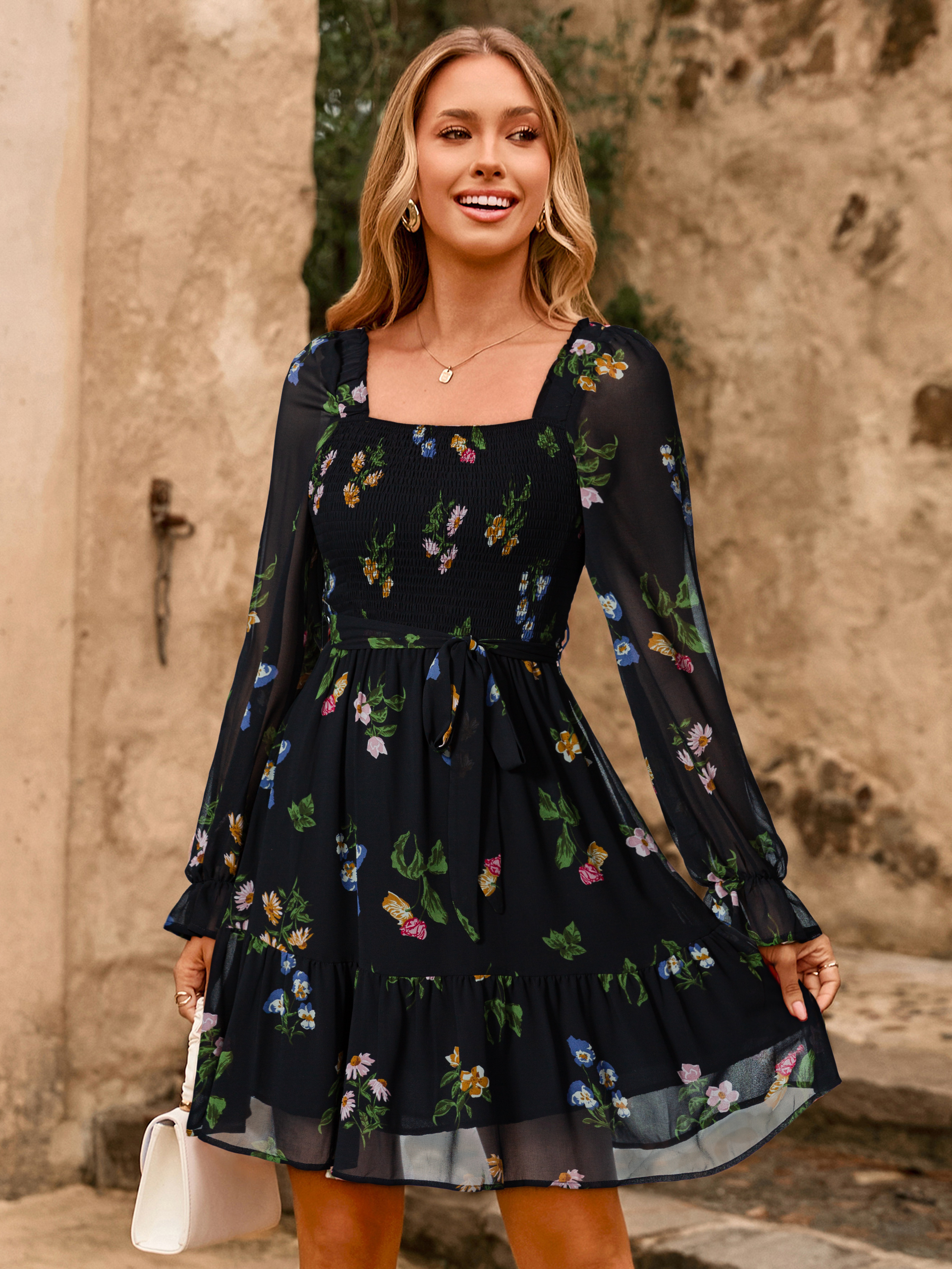 Boho Floral Chiffon Smocked Mini Dress - Black Floral
