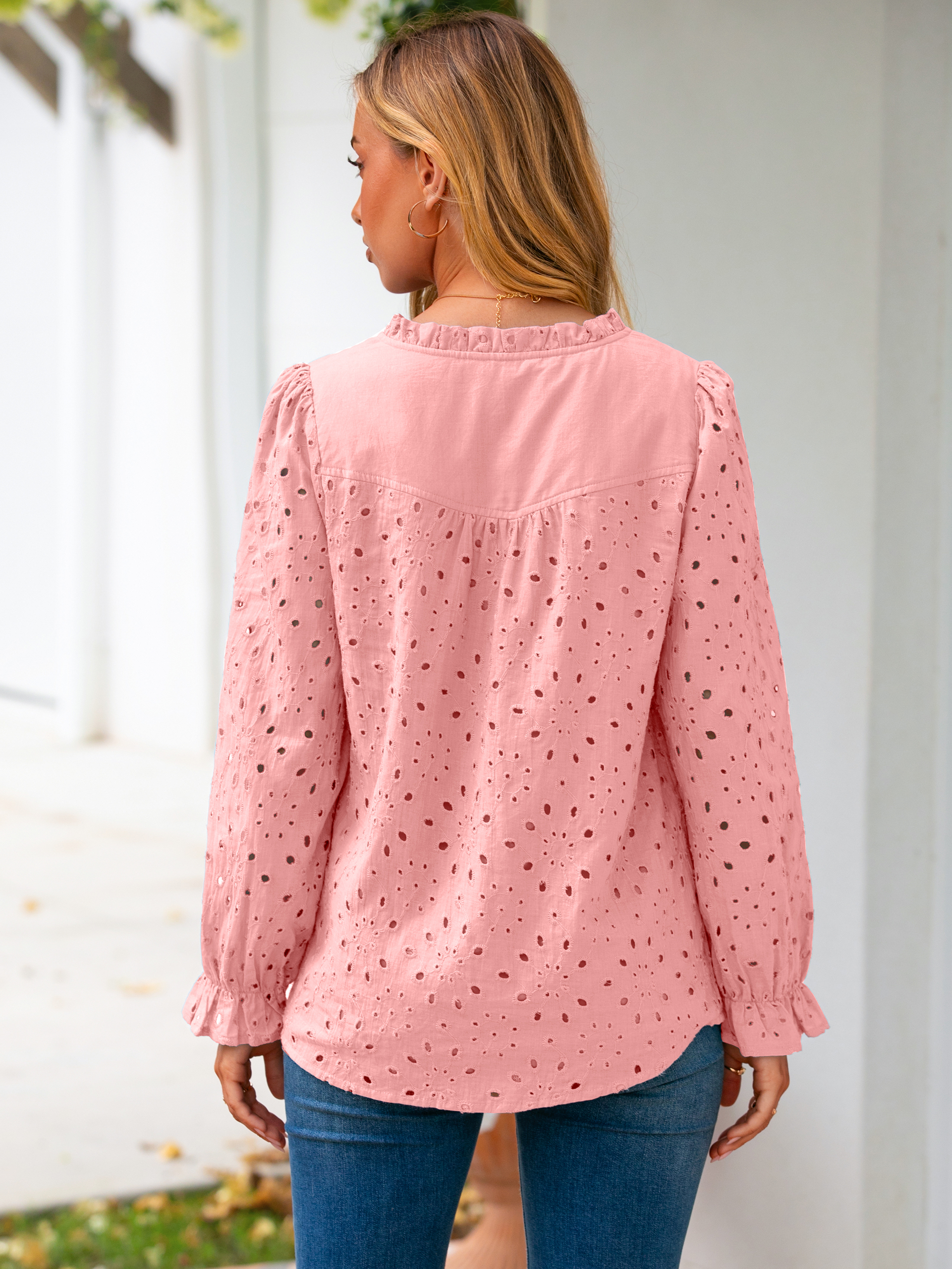 Eyelet Lace Puff Sleeve Button Down Blouse