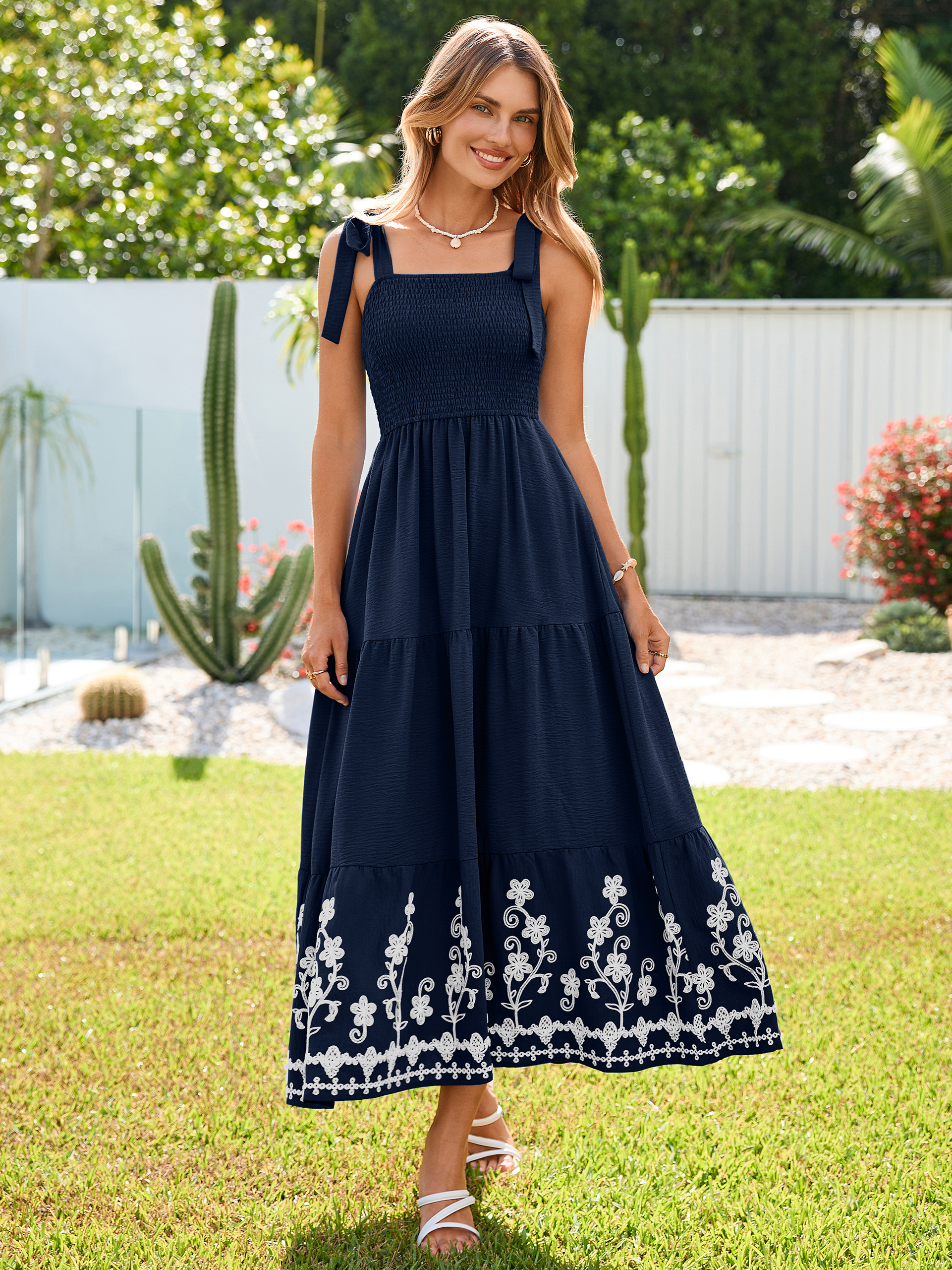 Floral Embroidery Smocked Tie Shoulder Maxi Dress - Navy Blue