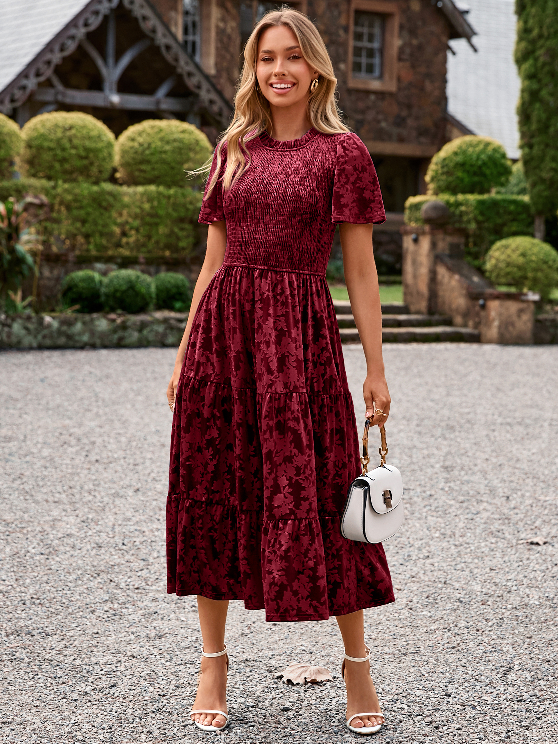 Ruffle Neck Smocked Velvet Floral Maxi Dress