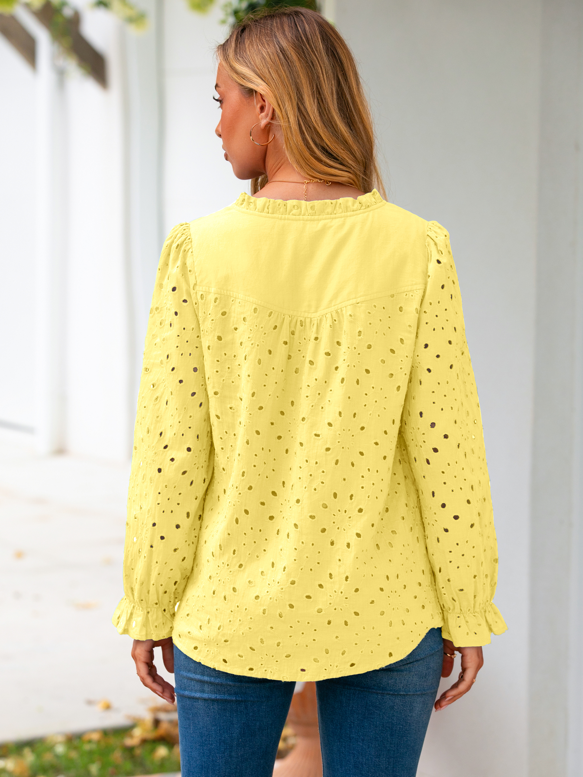 Eyelet Lace Puff Sleeve Button Down Blouse
