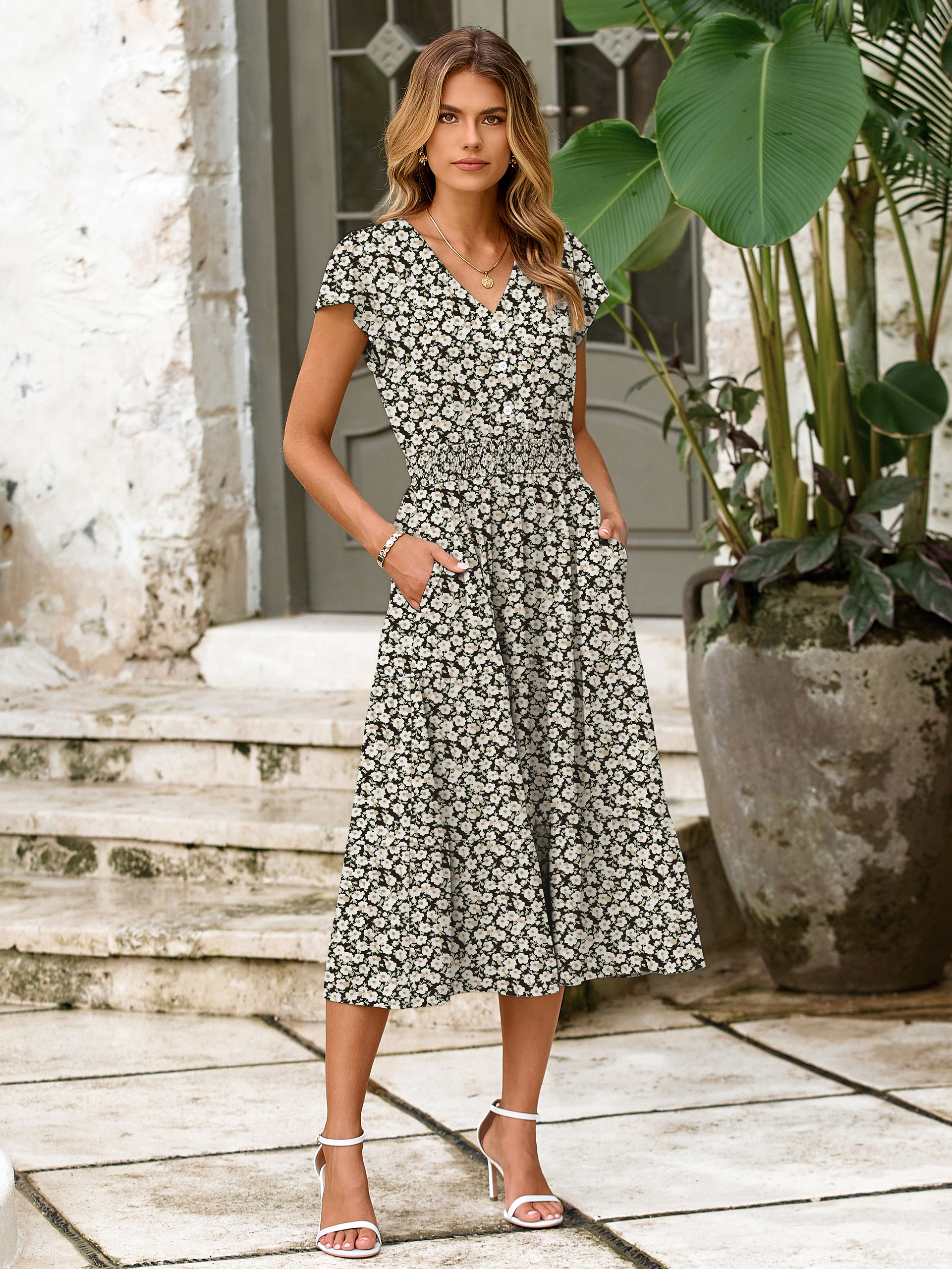 Boho Floral Flutter Sleeve Smocked Midi Dress