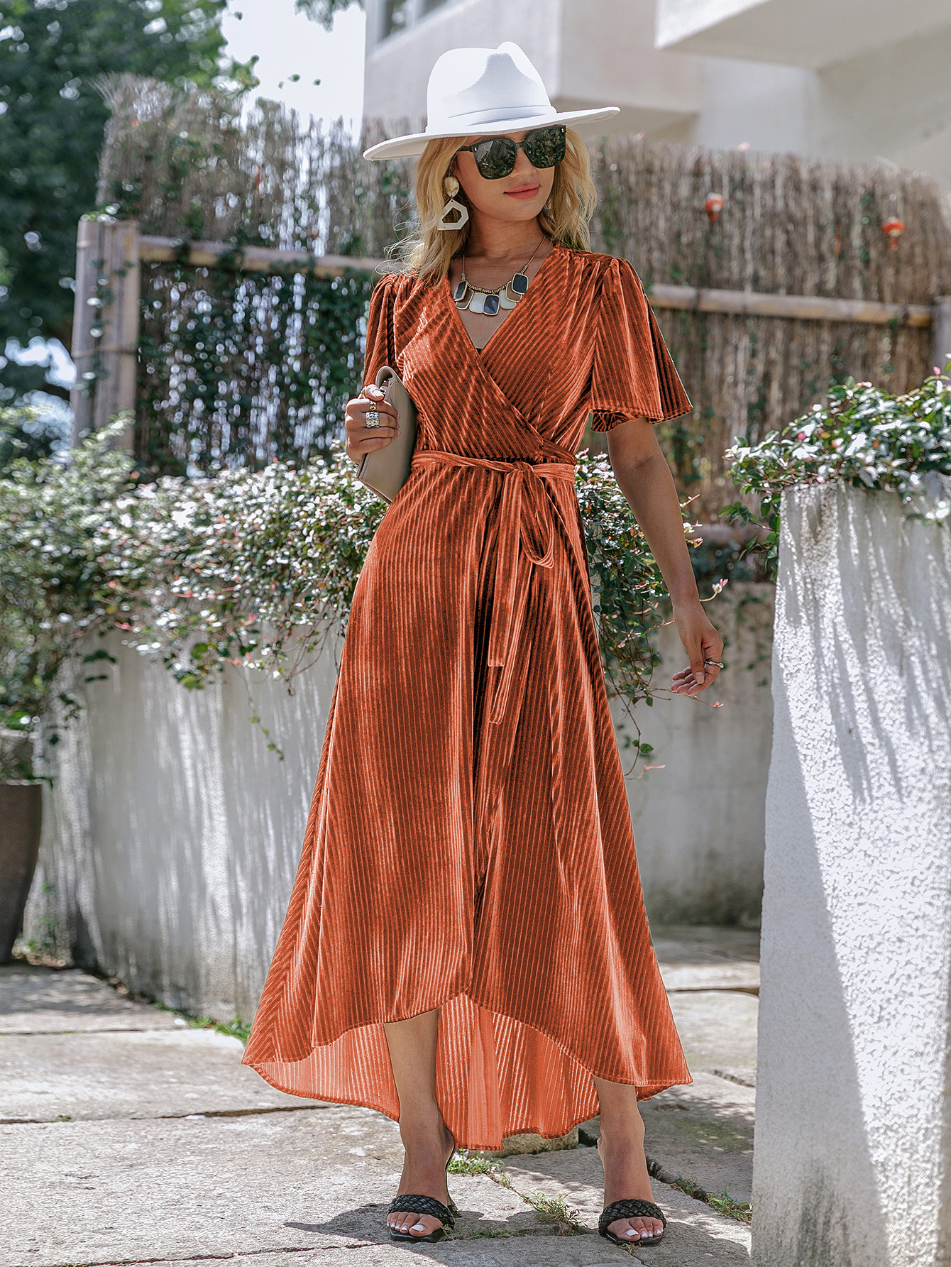 Velvet V-Neck Short Sleeve Belted Wrap Maxi Dress