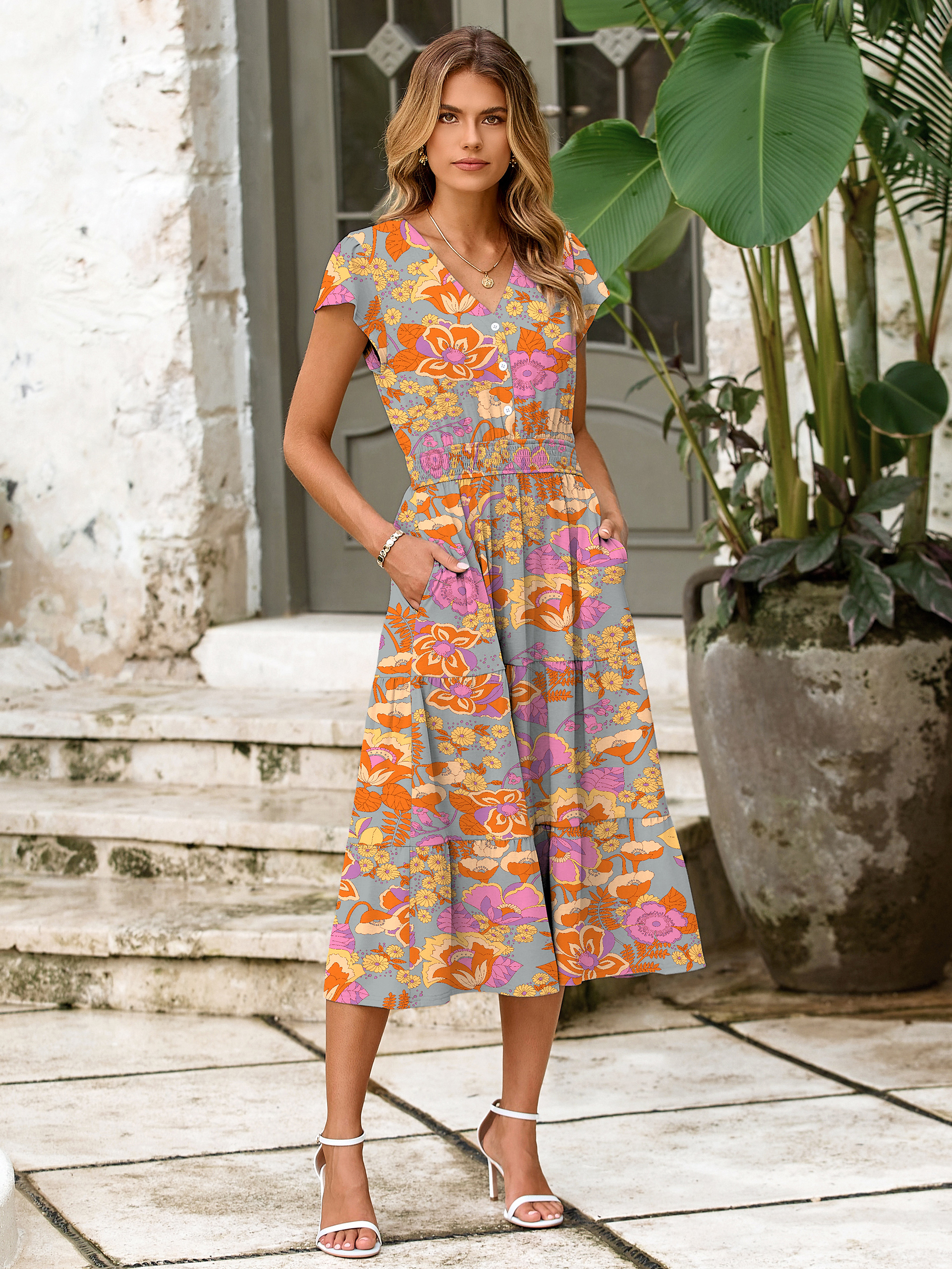 Boho Floral Flutter Sleeve Smocked Midi Dress