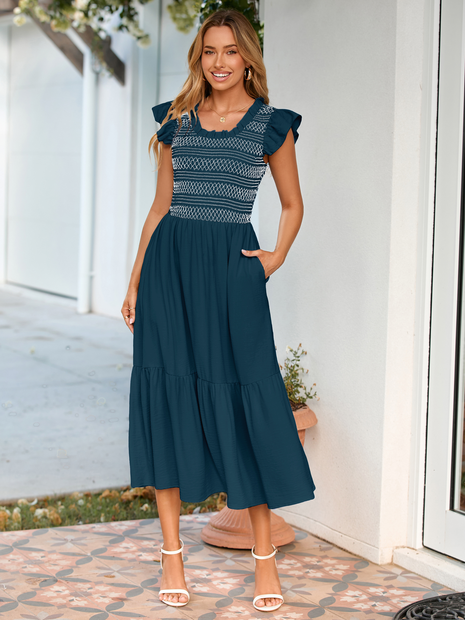 Flutter Sleeve Embroidered A Line Tiered Maxi Dress - Ink Blue