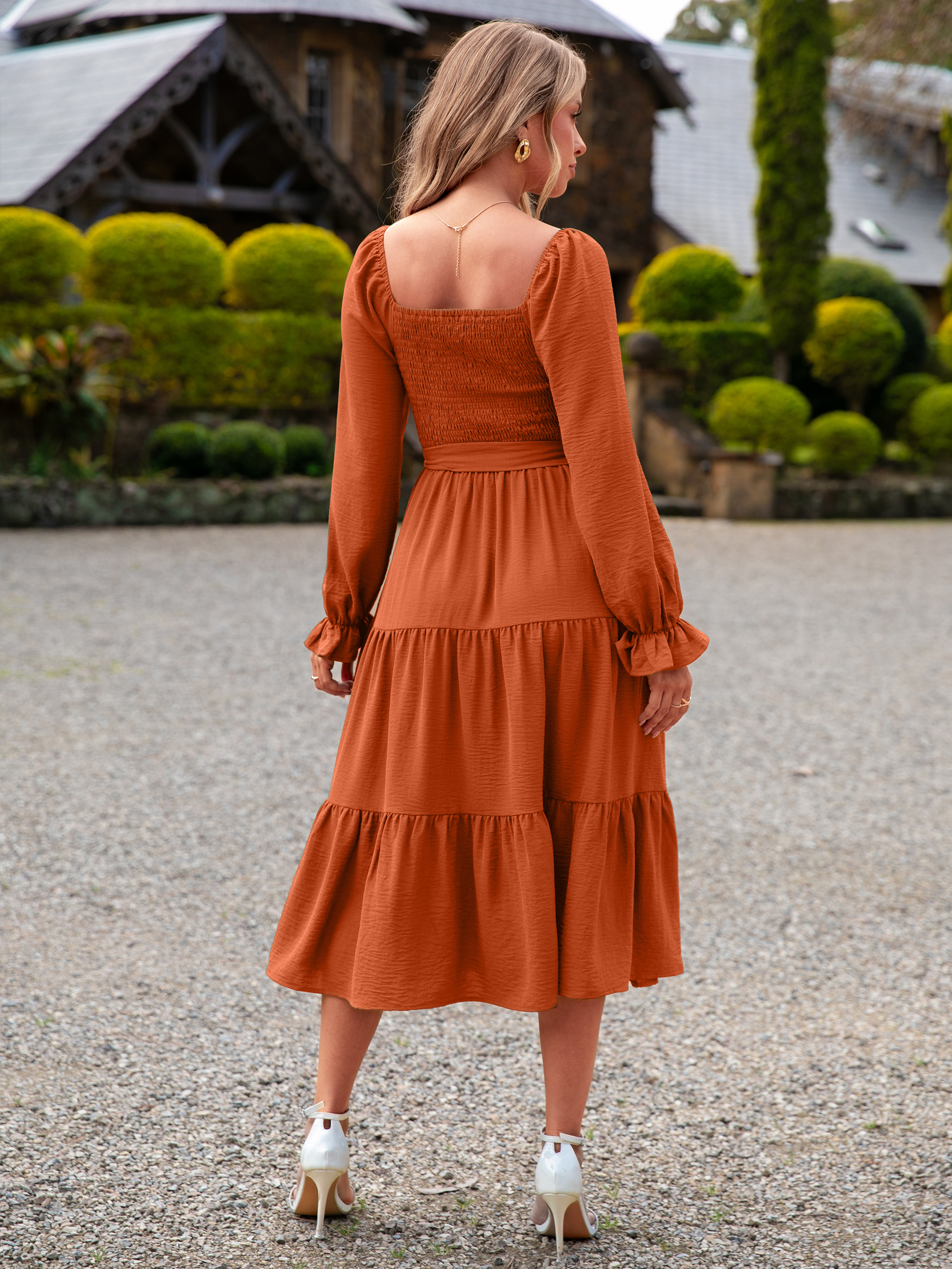 Square Neck Ruched Smocked Tiered Maxi Dress