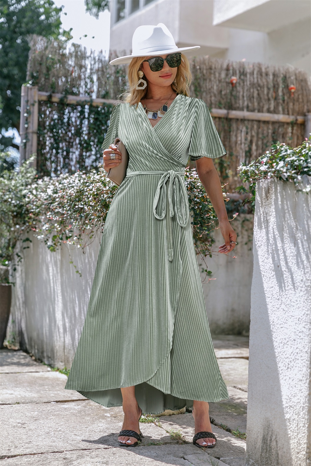Velvet V-Neck Short Sleeve Belted Wrap Maxi Dress