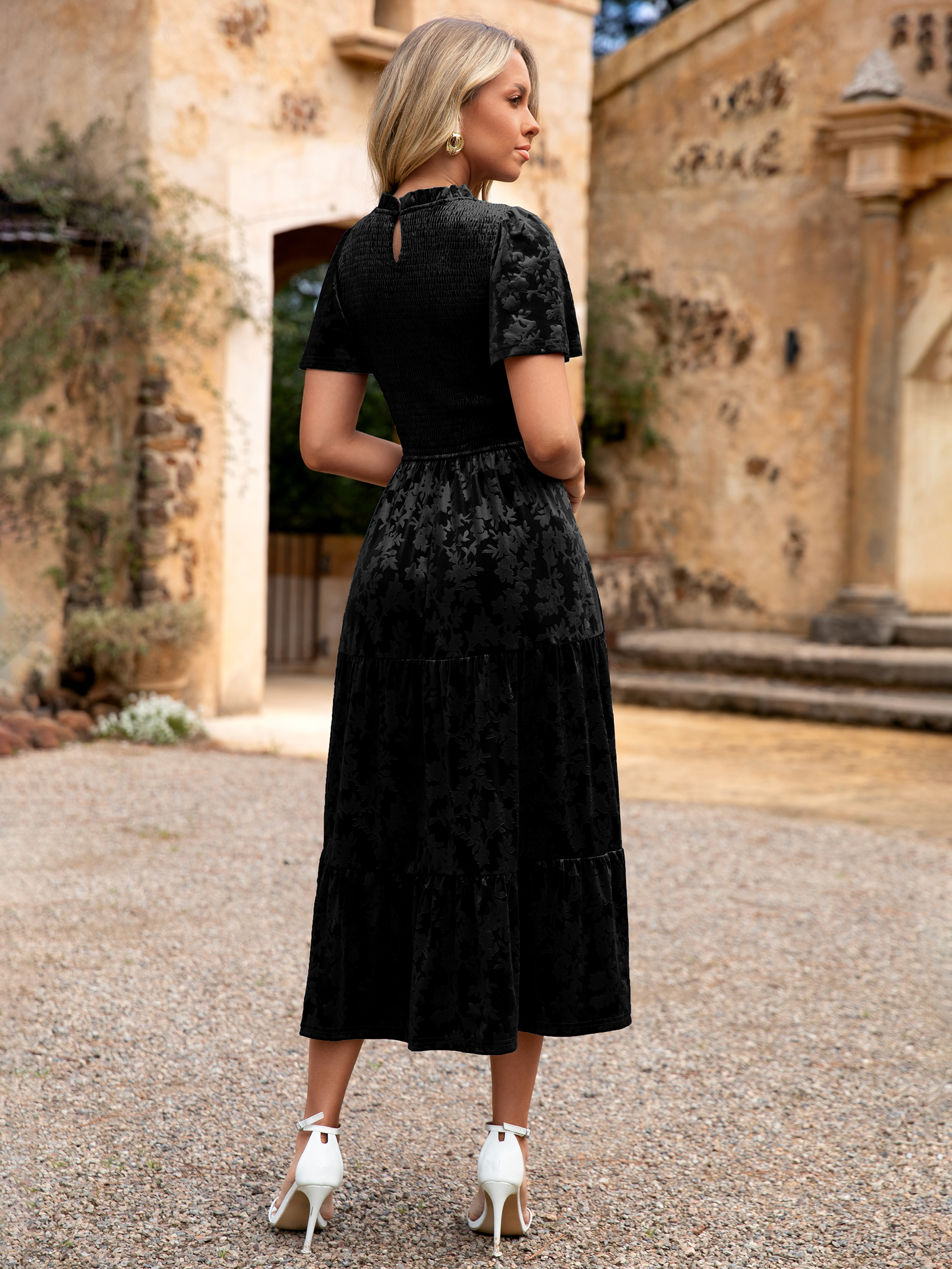 Ruffle Neck Smocked Velvet Floral Maxi Dress