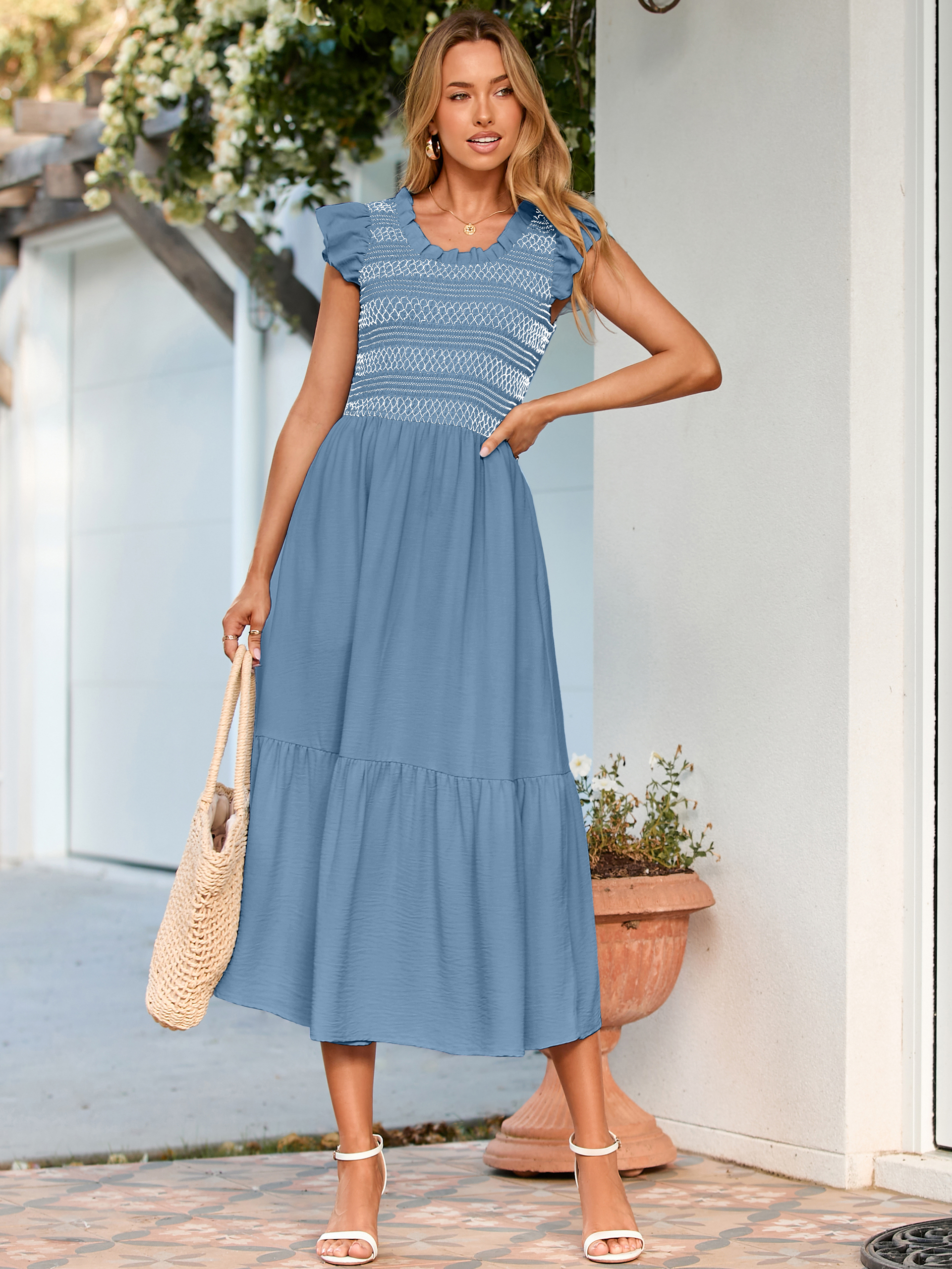 Flutter Sleeve Embroidered A Line Tiered Maxi Dress