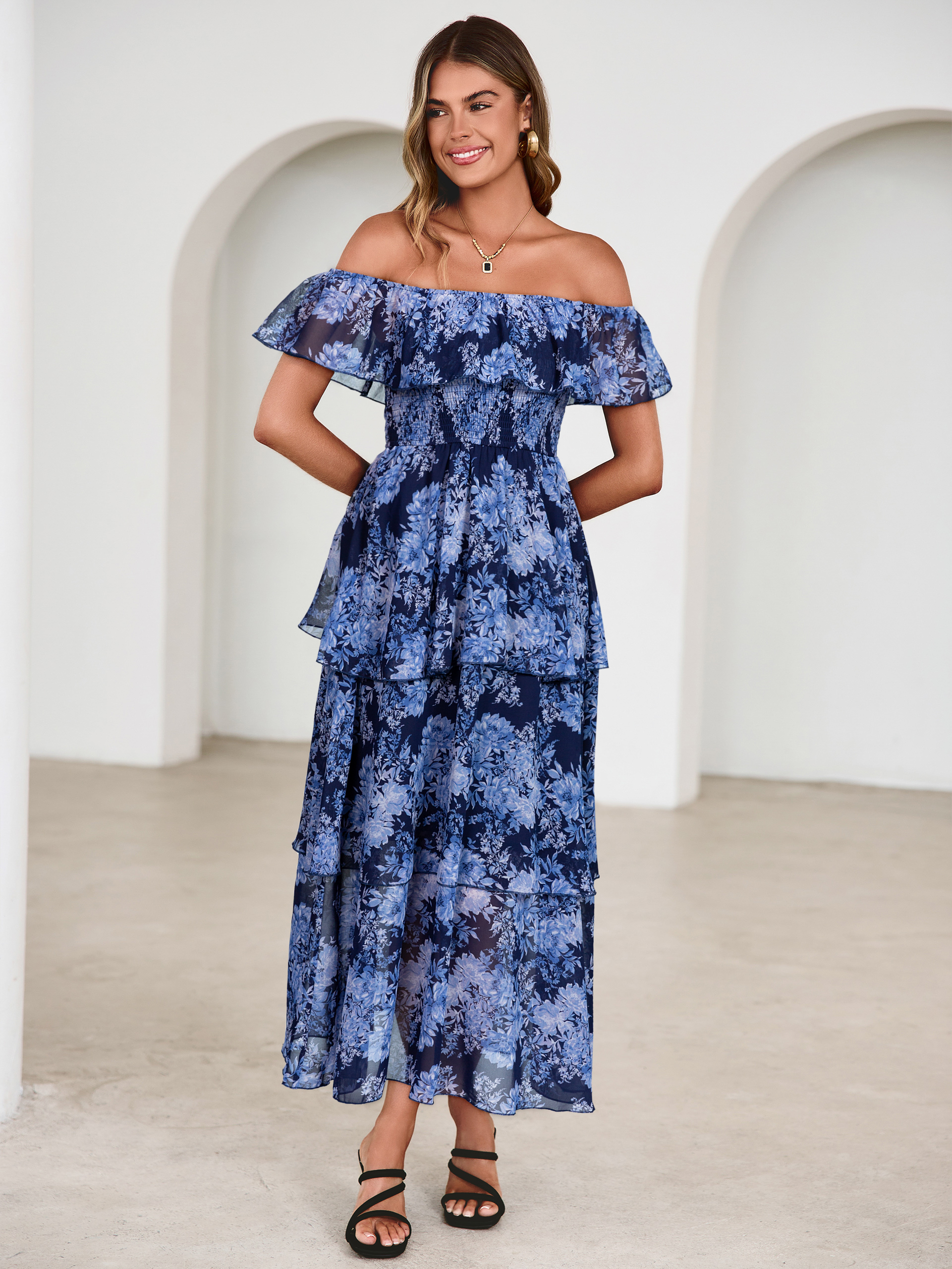 Off Shoulder Multicolor Ruffle Tiered Maxi Dress