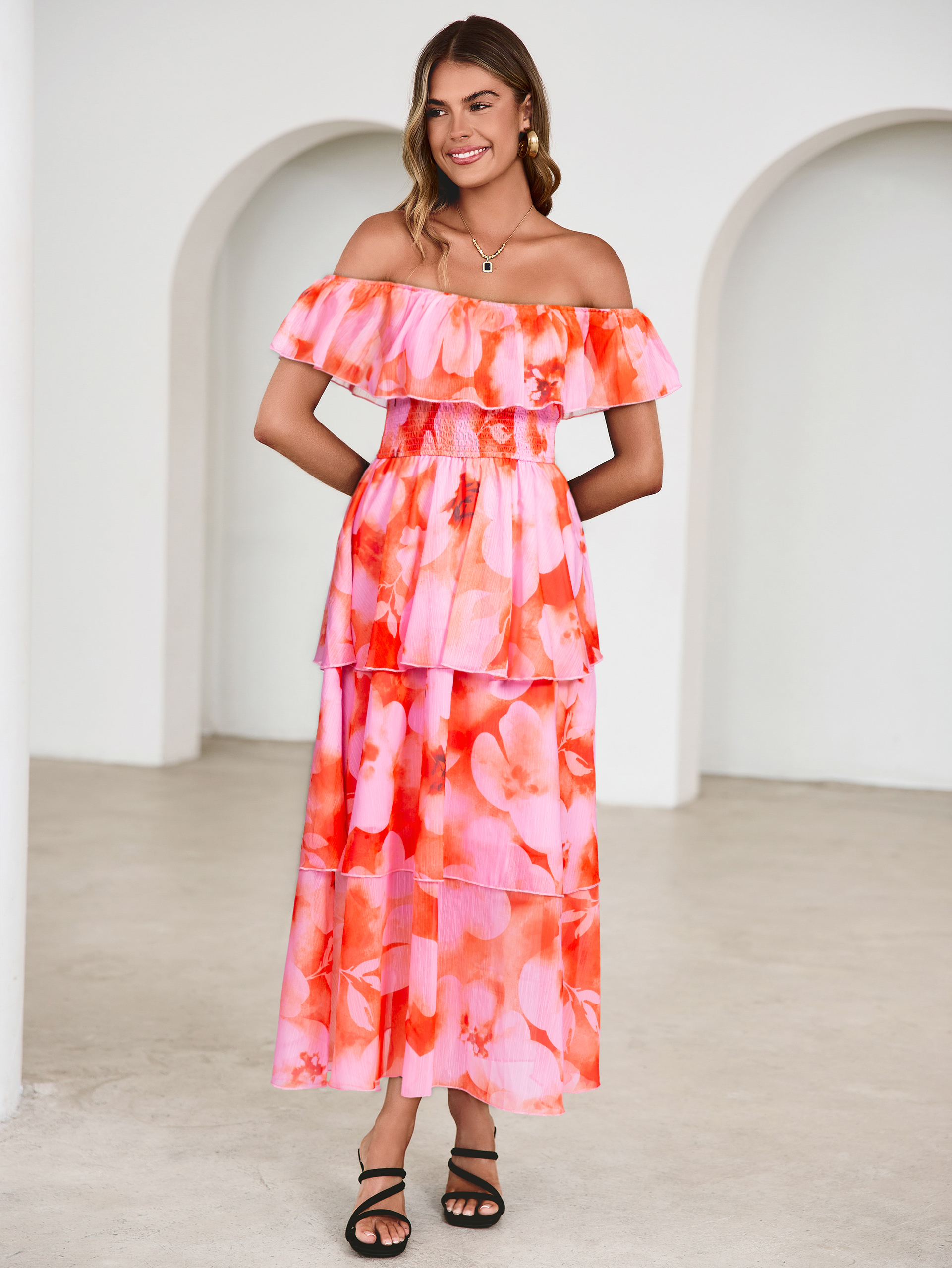 Off Shoulder Multicolor Ruffle Tiered Maxi Dress