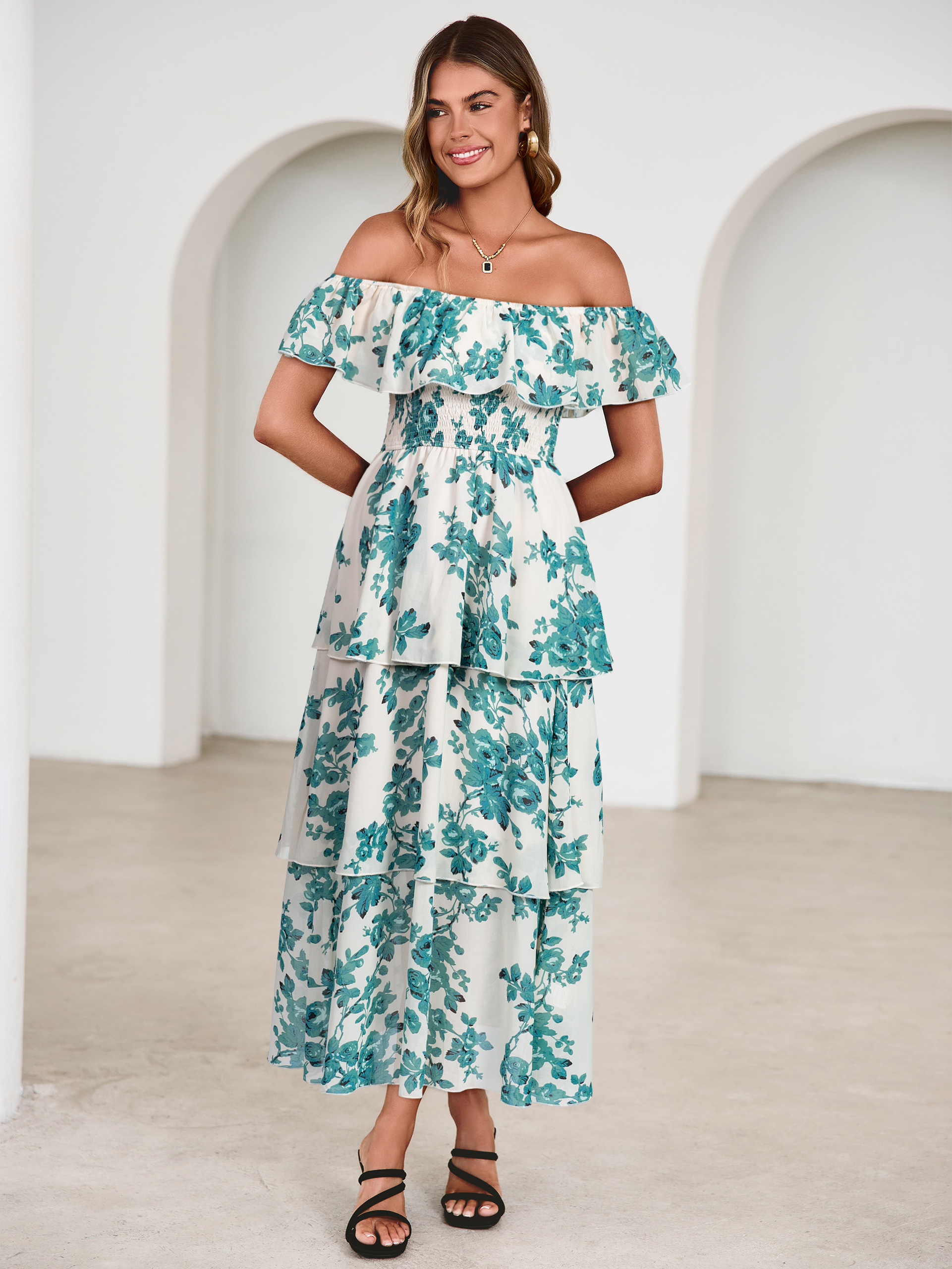 Off Shoulder Multicolor Ruffle Tiered Maxi Dress
