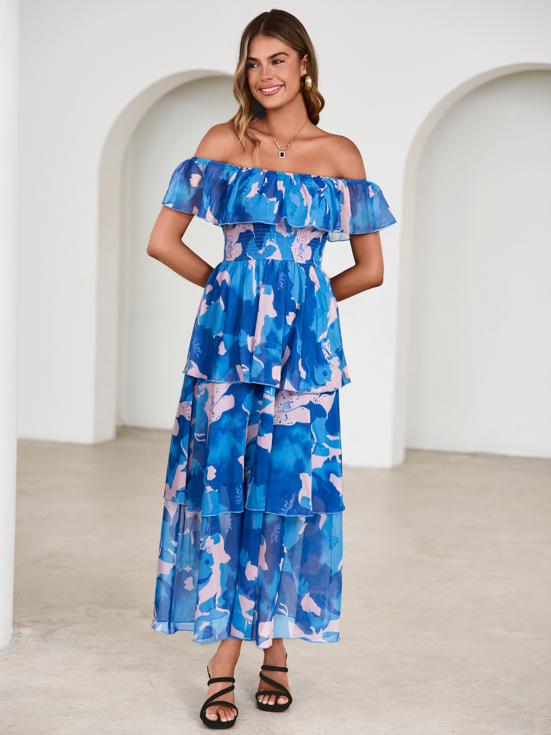 Off Shoulder Multicolor Ruffle Tiered Maxi Dress