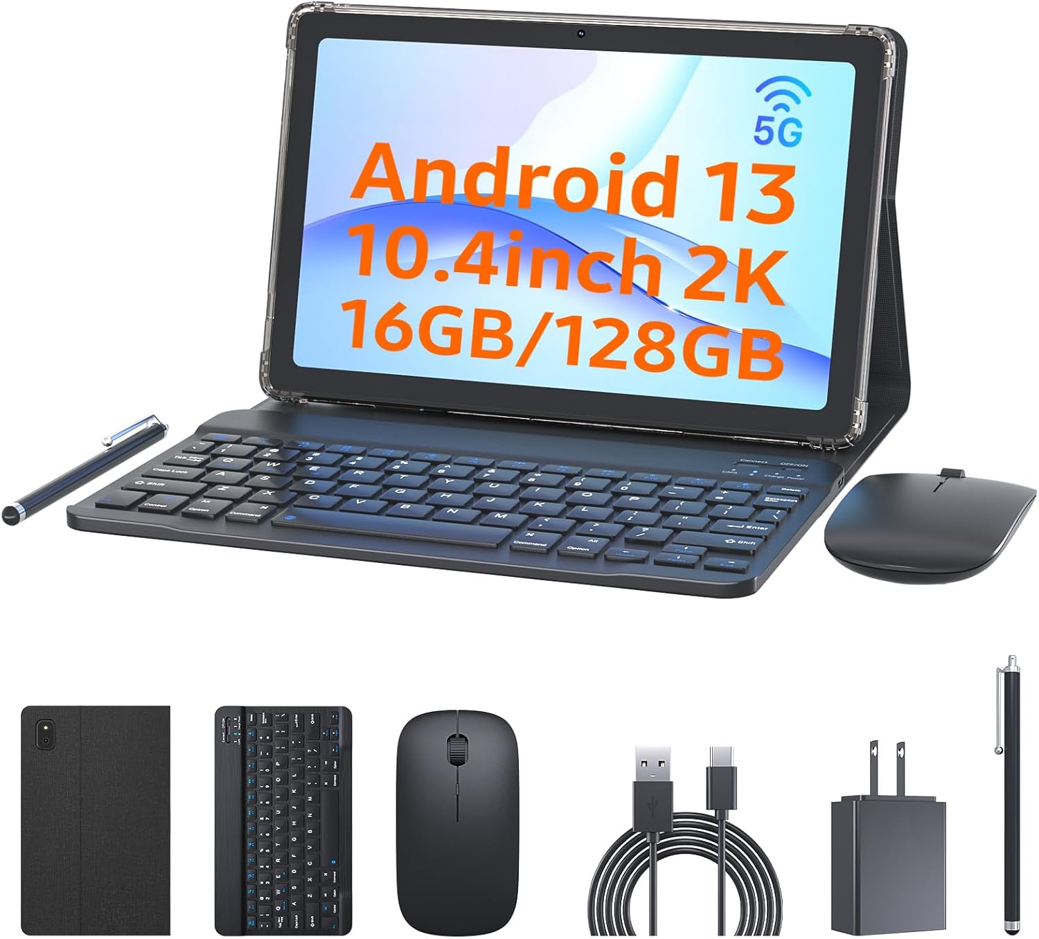 Tablet con teclado 2 en 1, Android 11, 10.1 pulgadas FHD, con teclado/mouse/funda/lápiz capacitivo/película templada, 64 GB+2 GB, Wi-Fi, cámara dual 8 MP, procesador quad core, batería 6,000 mAh, rosa