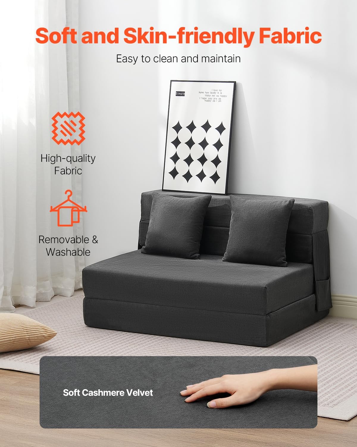 VEVOR - Sofá Cama Plegable 3 en 1 con 2 Almohadas y Funda Lavable, 25D de Espuma viscoelástica Convertible de Alta Densidad, sofá de futón para Sala de Estar, recámara, Gris Oscuro (Individual)