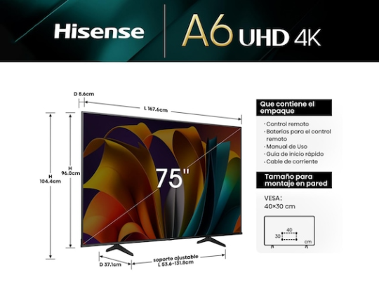 Pantalla LED Hisense 75" Ultra HD 4K Smart TV 75A6N