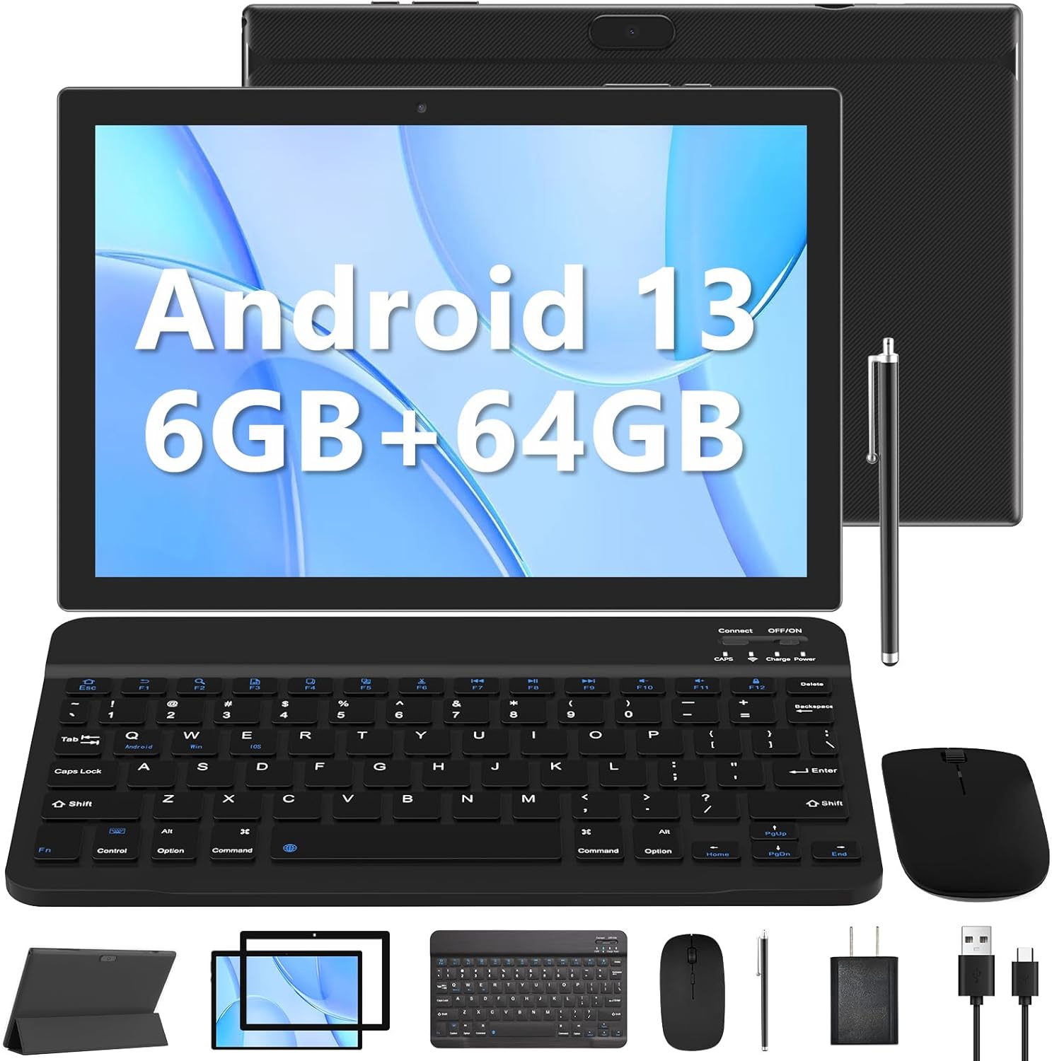 Tablet con teclado 2 en 1, Android 11, 10.1 pulgadas FHD, con teclado/mouse/funda/lápiz capacitivo/película templada, 64 GB+2 GB, Wi-Fi, cámara dual 8 MP, procesador quad core, batería 6,000 mAh, rosa