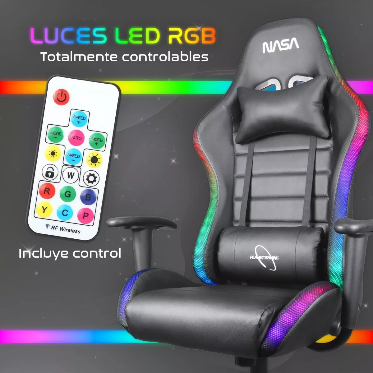 Silla De Escritorio Nasa Pro Gamer Ergonómica Con Luces Led Color Negro Material del tapizado Cuero sintético