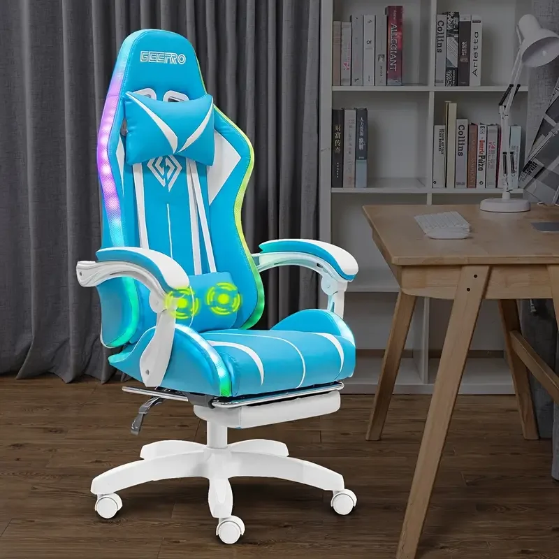 Silla Gaming RGB con Luces LED y Masaje Silla de Computadora Ergonómica Silla de Videojuego de Respaldo Alto con Reposapiés y Soporte Lumbar Ajustable Reposabrazos de Enlace