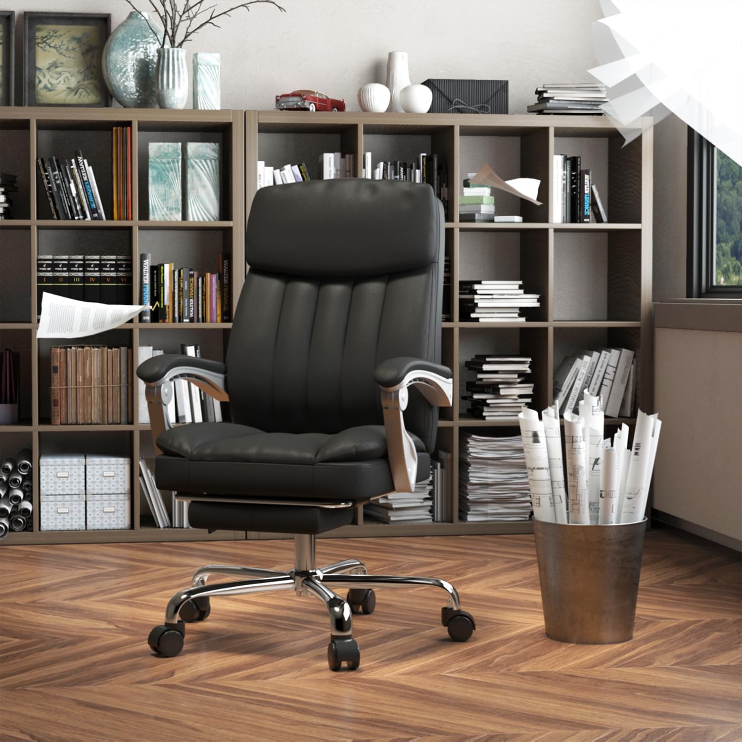 Silla Oficina Masaje con Respaldo Alto y 6 Puntos Masaje, Silla Escritorio Ejecutiva Ergonómica con Reposapiés y Apoyabrazos, Altura del Asiento Ajustable, Negro