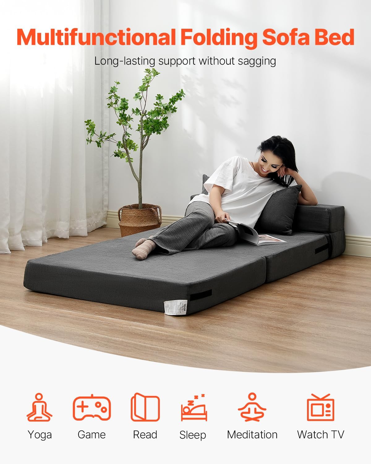 VEVOR - Sofá Cama Plegable 3 en 1 con 2 Almohadas y Funda Lavable, 25D de Espuma viscoelástica Convertible de Alta Densidad, sofá de futón para Sala de Estar, recámara, Gris Oscuro (Individual)