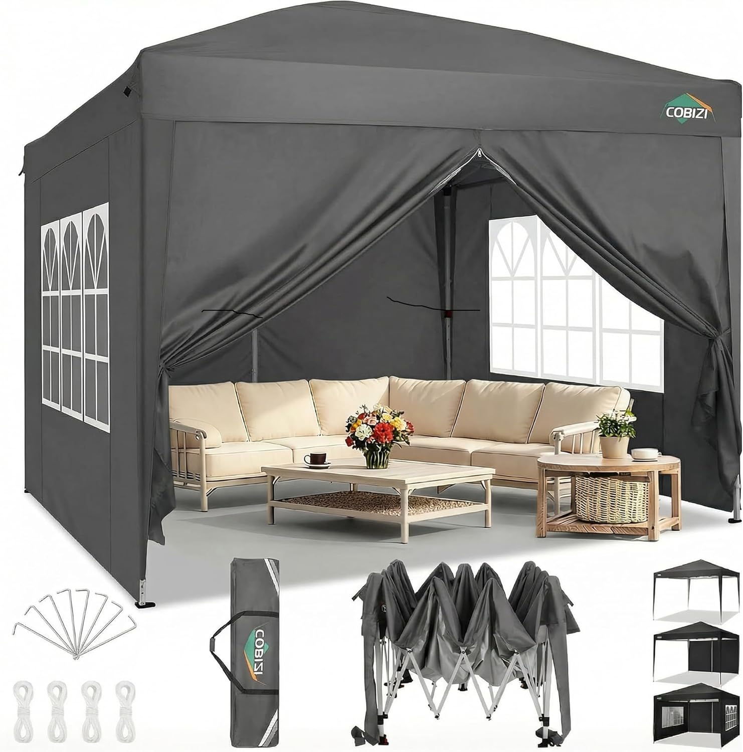 COBIZI - Toldo desplegable de 10 x 10 Pulgadas con Paredes Laterales, Tienda de campaña Resistente con toldo extraíble para Exteriores, Ideal para Bodas, para Todas Las Estaciones, Resistente al