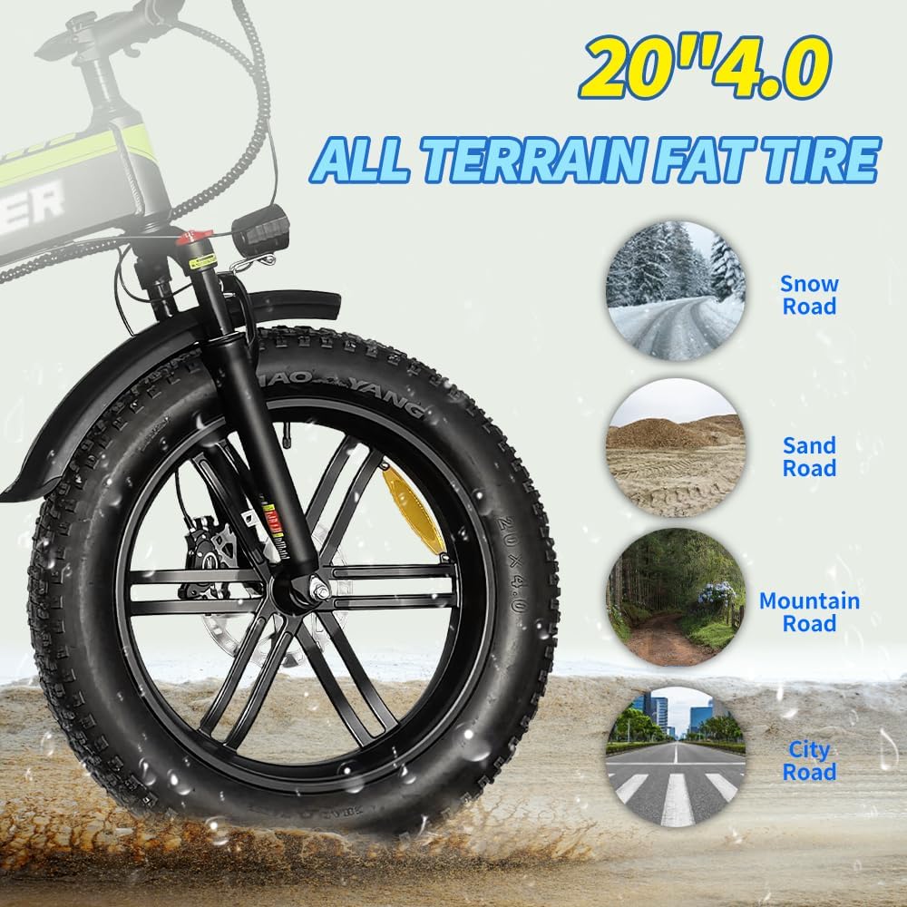 H20pro Bicicleta Electrica, Motor 2000W, 32mph, 55-75 Millas de Alcance, Batería extraíble 52V 25Ah, 20" Fat Tire Plegable Bicicleta Electrica de Montaña para Adultos, Doble Amortiguador