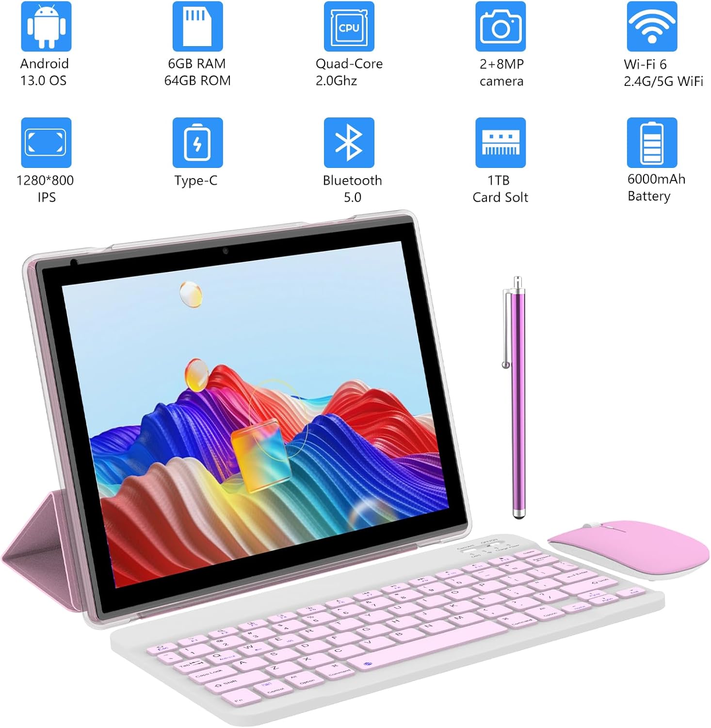 Tablet con teclado 2 en 1, Android 11, 10.1 pulgadas FHD, con teclado/mouse/funda/lápiz capacitivo/película templada, 64 GB+2 GB, Wi-Fi, cámara dual 8 MP, procesador quad core, batería 6,000 mAh, rosa