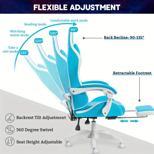 Silla Gaming RGB con Luces LED y Masaje Silla de Computadora Ergonómica Silla de Videojuego de Respaldo Alto con Reposapiés y Soporte Lumbar Ajustable Reposabrazos de Enlace
