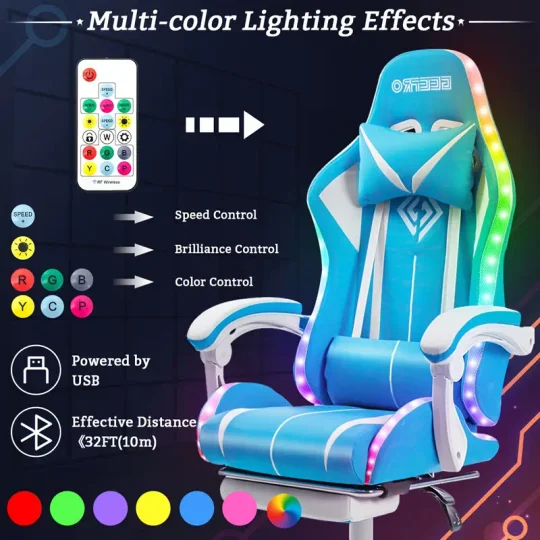 Silla Gaming RGB con Luces LED y Masaje Silla de Computadora Ergonómica Silla de Videojuego de Respaldo Alto con Reposapiés y Soporte Lumbar Ajustable Reposabrazos de Enlace