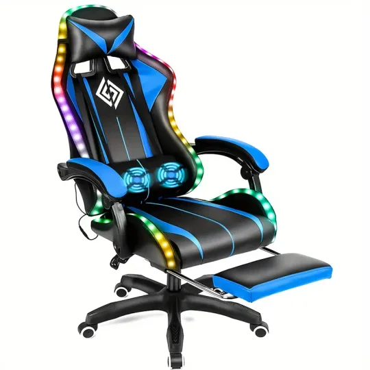 Silla Gaming RGB con Luces LED y Masaje Silla de Computadora Ergonómica Silla de Videojuego de Respaldo Alto con Reposapiés y Soporte Lumbar Ajustable Reposabrazos de Enlace