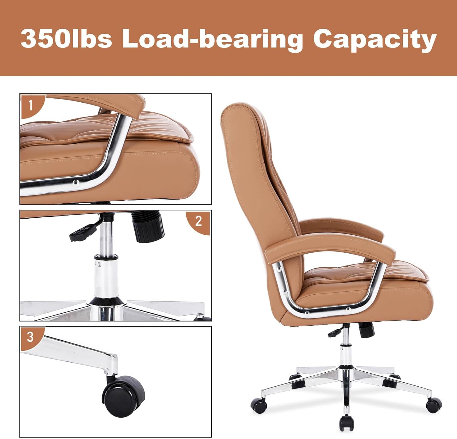 Hoxne - Silla de oficina ejecutiva de piel con brazos y ruedas, respaldo alto, silla ergonómica de computadora de computadora, altura ajustable, silla de computadora de oficina, capacidad de 350