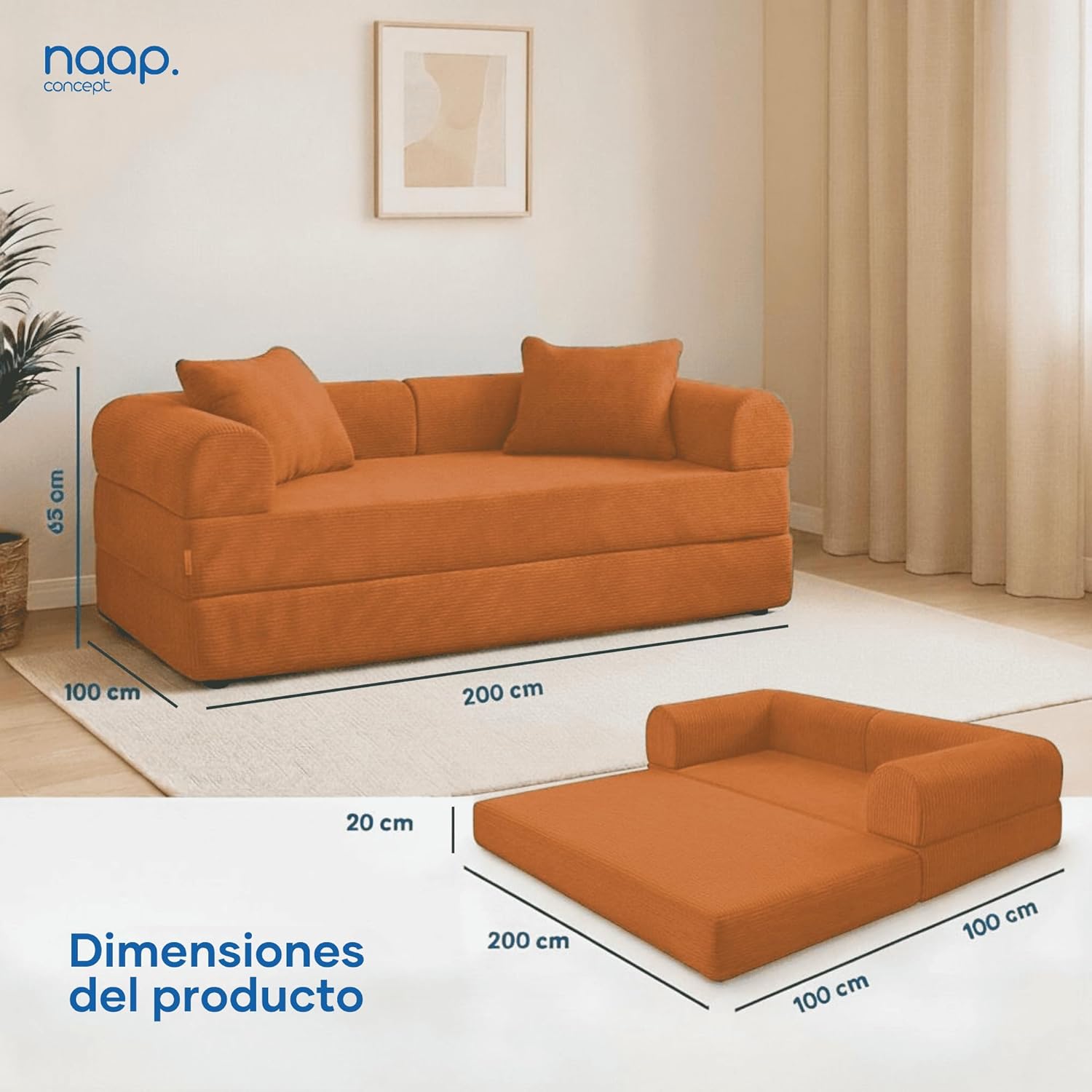 Sofá Cama Teddy Luxe | Diseño Convertible | Hecho 100% de Espuma | Comodidad y Versatilidad | 200x100x65 cm (Chocolate)