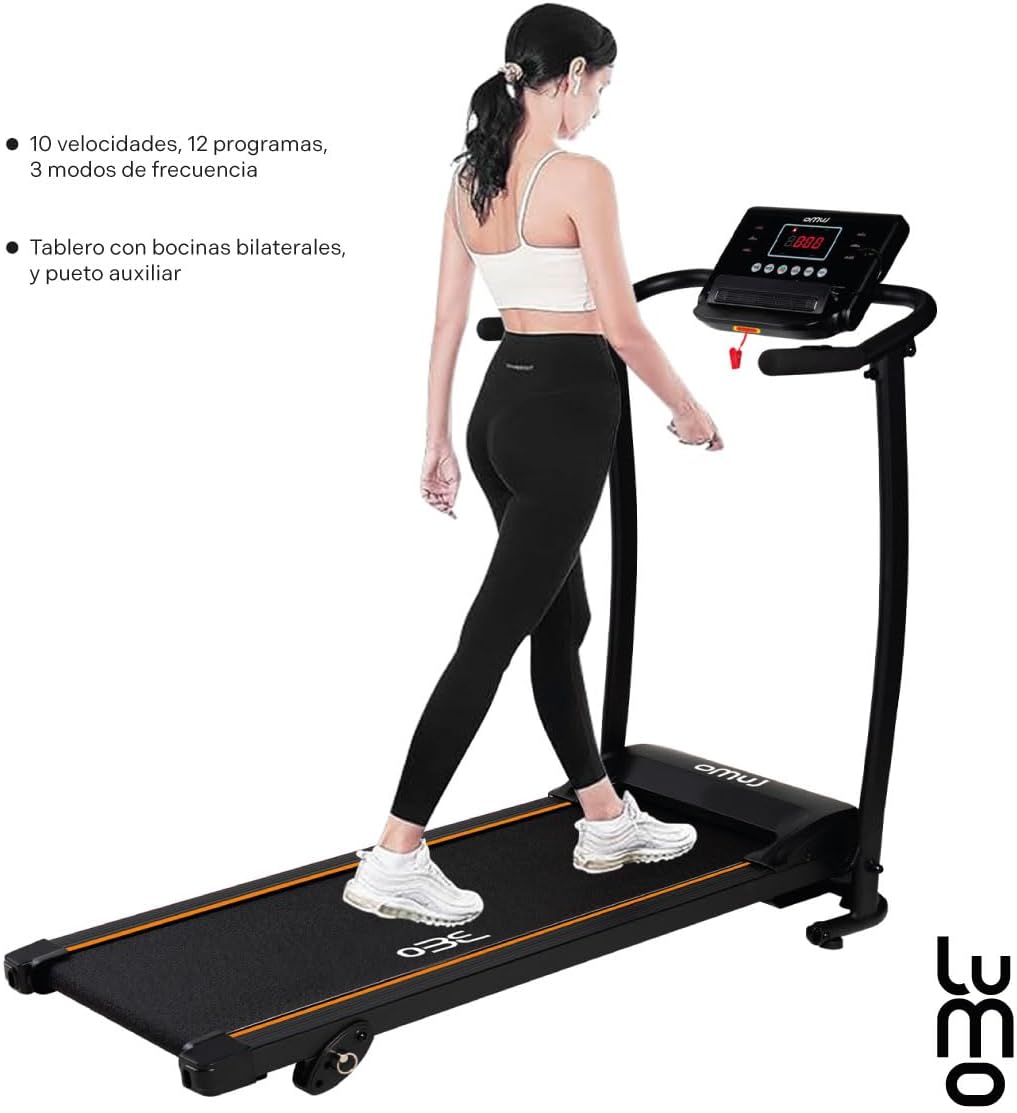LUMO HOME Caminadora Electrica 3 Niveles Inclinacion 1.8Hp Bluetooth Cinta para Correr Uso Doméstico 1-12 Km/H con Pantalla LCD Manual con 12 Programas Preestablecidos Soporta un Peso Máximo de 120 Kg