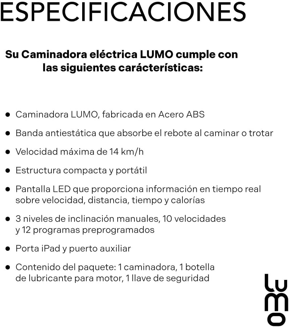LUMO HOME Caminadora Electrica 3 Niveles Inclinacion 1.8Hp Bluetooth Cinta para Correr Uso Doméstico 1-12 Km/H con Pantalla LCD Manual con 12 Programas Preestablecidos Soporta un Peso Máximo de 120 Kg