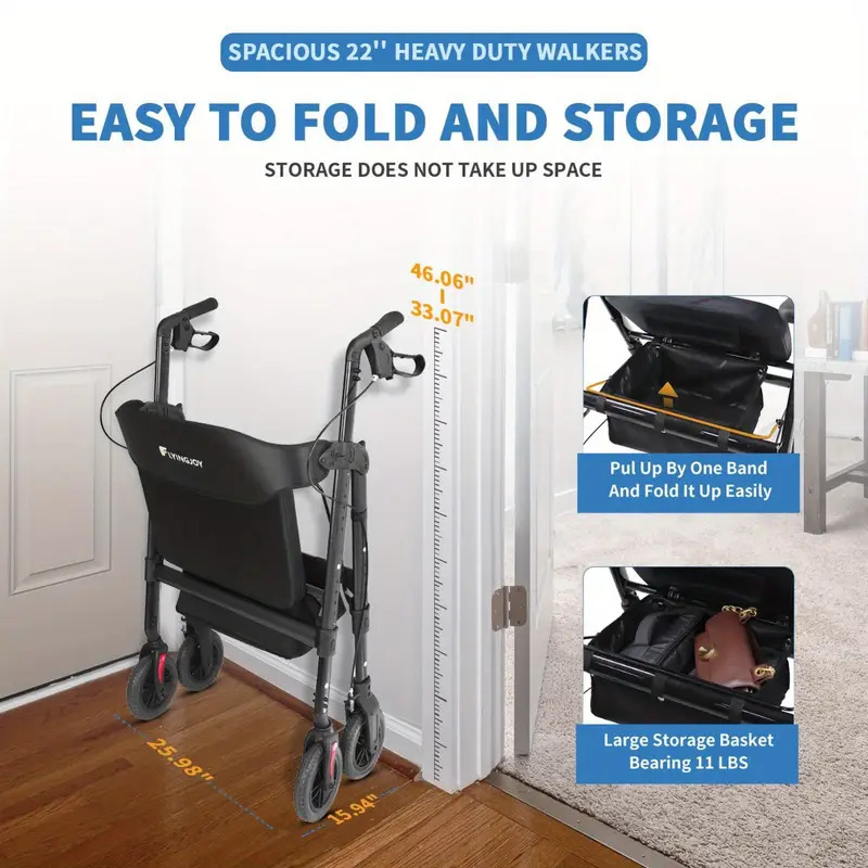 Andador de ruedas resistente para personas grandes de 450 libras, con asiento extra espacioso, NO apto para puertas estándar de 26" de ancho, un poco voluminoso para personas mayores ligeras