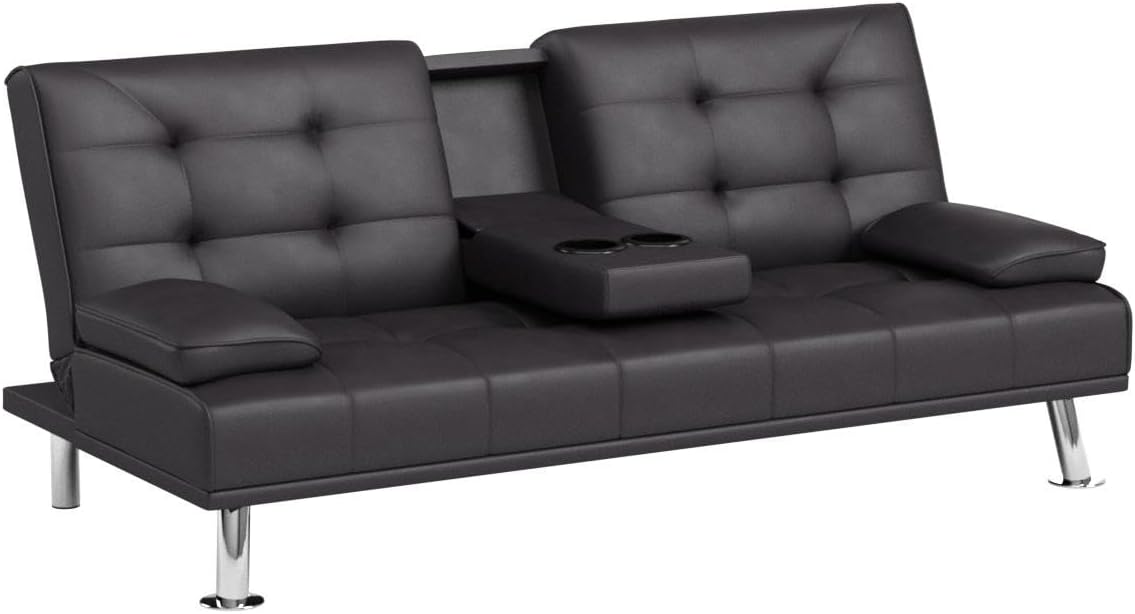 JUMMICO - Sofá cama plegable de piel sintética tapizada moderna y convertible con reposabrazos extraíbles, sofá reclinable ajustable con 2 portavasos para sala de estar (piel, café)
