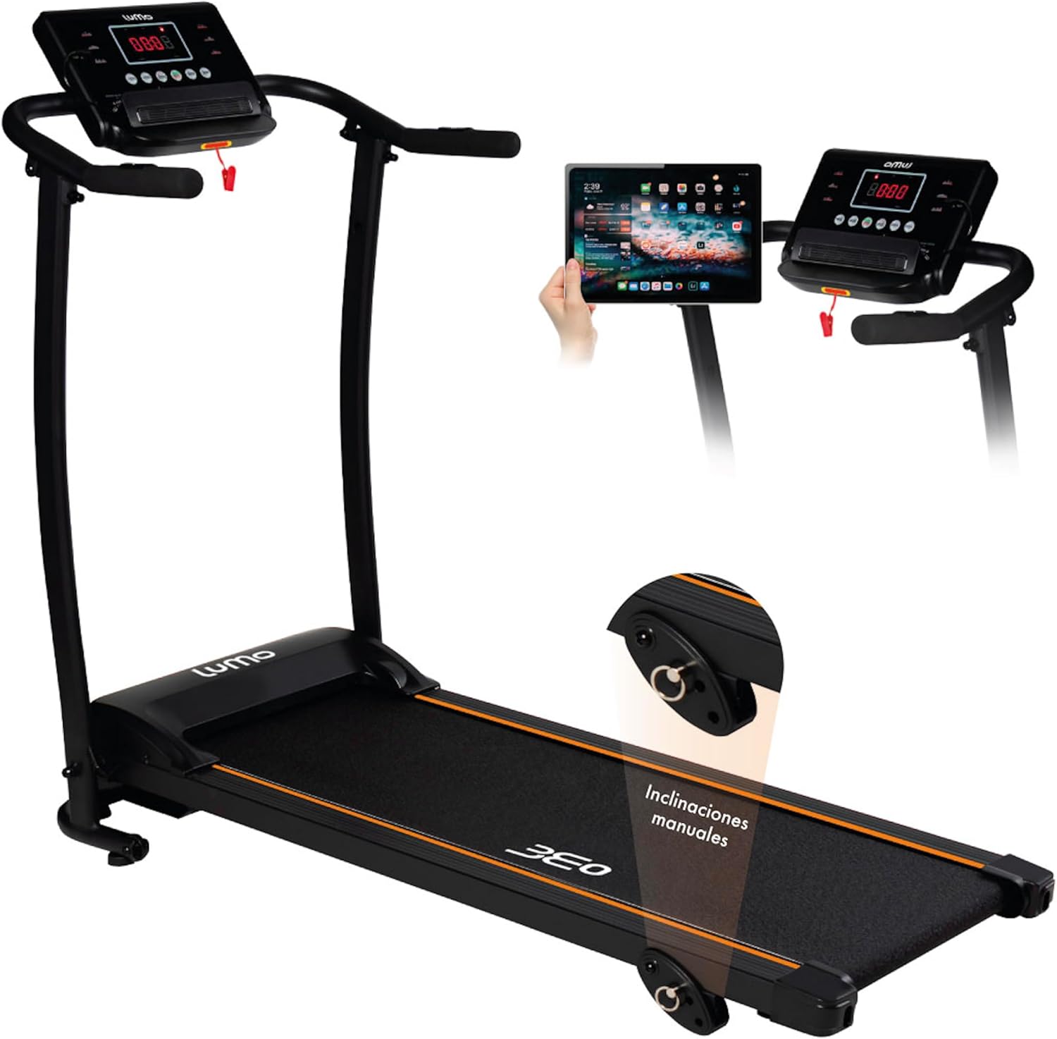 LUMO HOME Caminadora Electrica 3 Niveles Inclinacion 1.8Hp Bluetooth Cinta para Correr Uso Doméstico 1-12 Km/H con Pantalla LCD Manual con 12 Programas Preestablecidos Soporta un Peso Máximo de 120 Kg